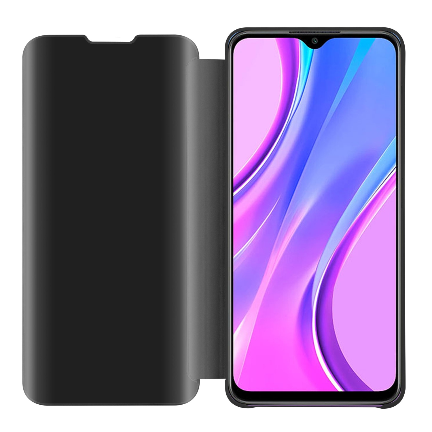 Custodia del telefono nera aperta, che mostra uno schermo del telefono con sfondo viola e rosa.