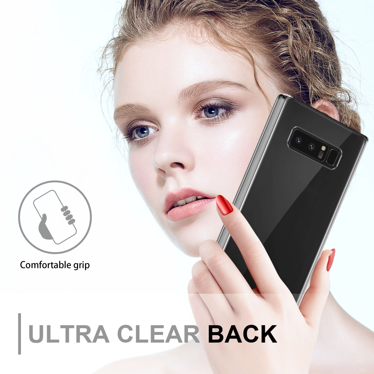 Frau hält eine transparente Handyhülle. Text: Ultra Clear Back.