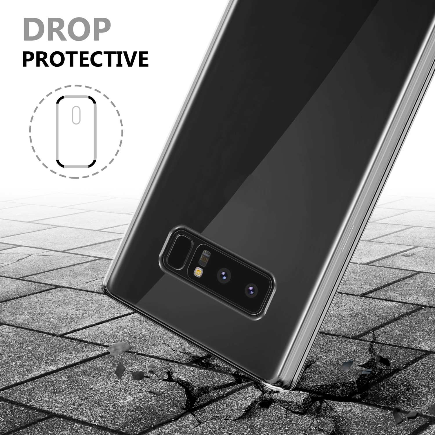 Eine Handyhülle mit einem Telefon darin. Die Hülle ist transparent und abgewinkelt. Das Telefon zeigt die Kamera.
