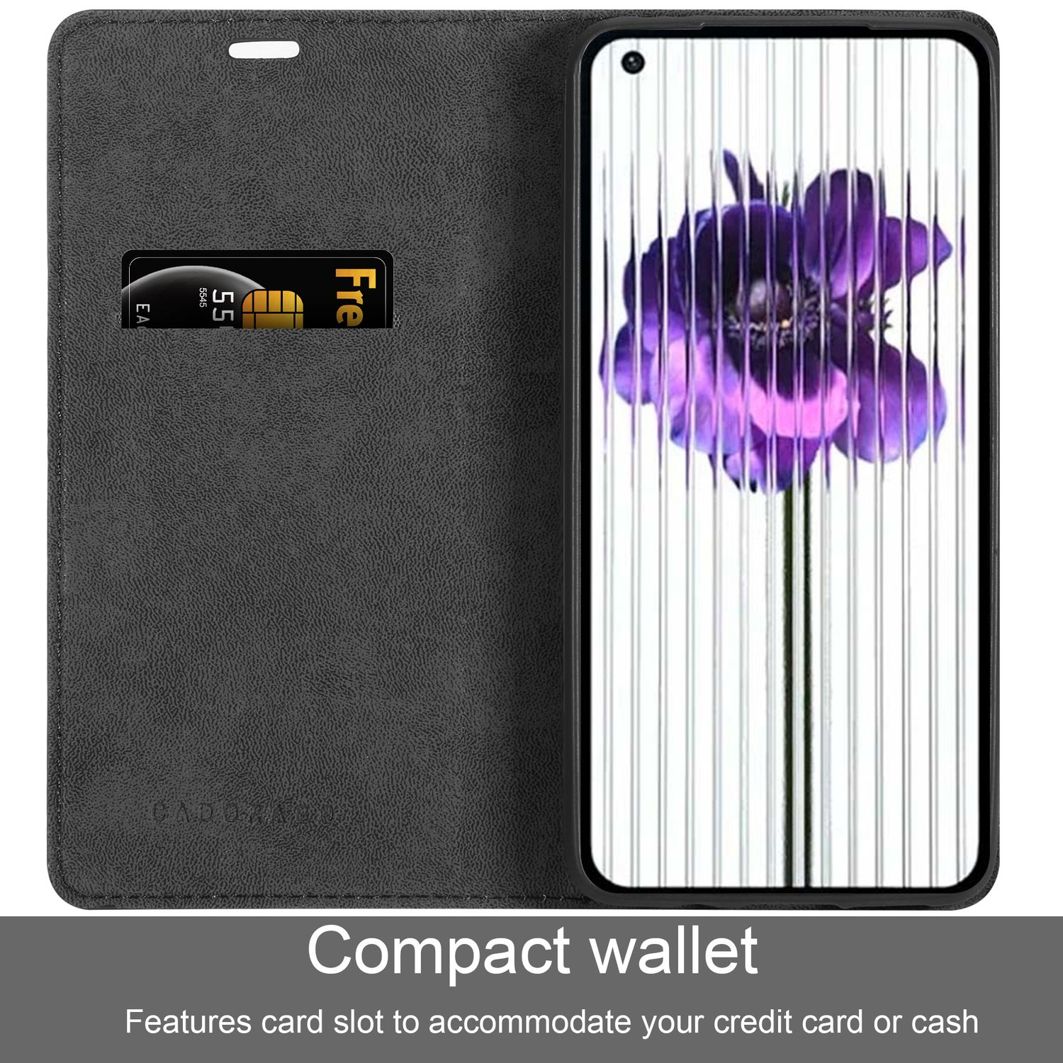 Custodia a portafoglio nera per telefono con slot per carte e telefono con fiore viola sullo schermo.