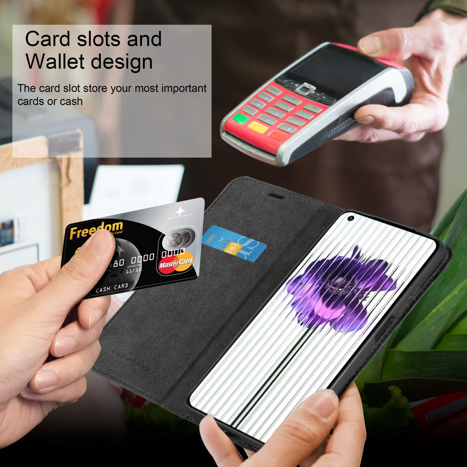 Custodia del telefono aperta. Ci sono slot per schede con una carta di credito e un telefono.
