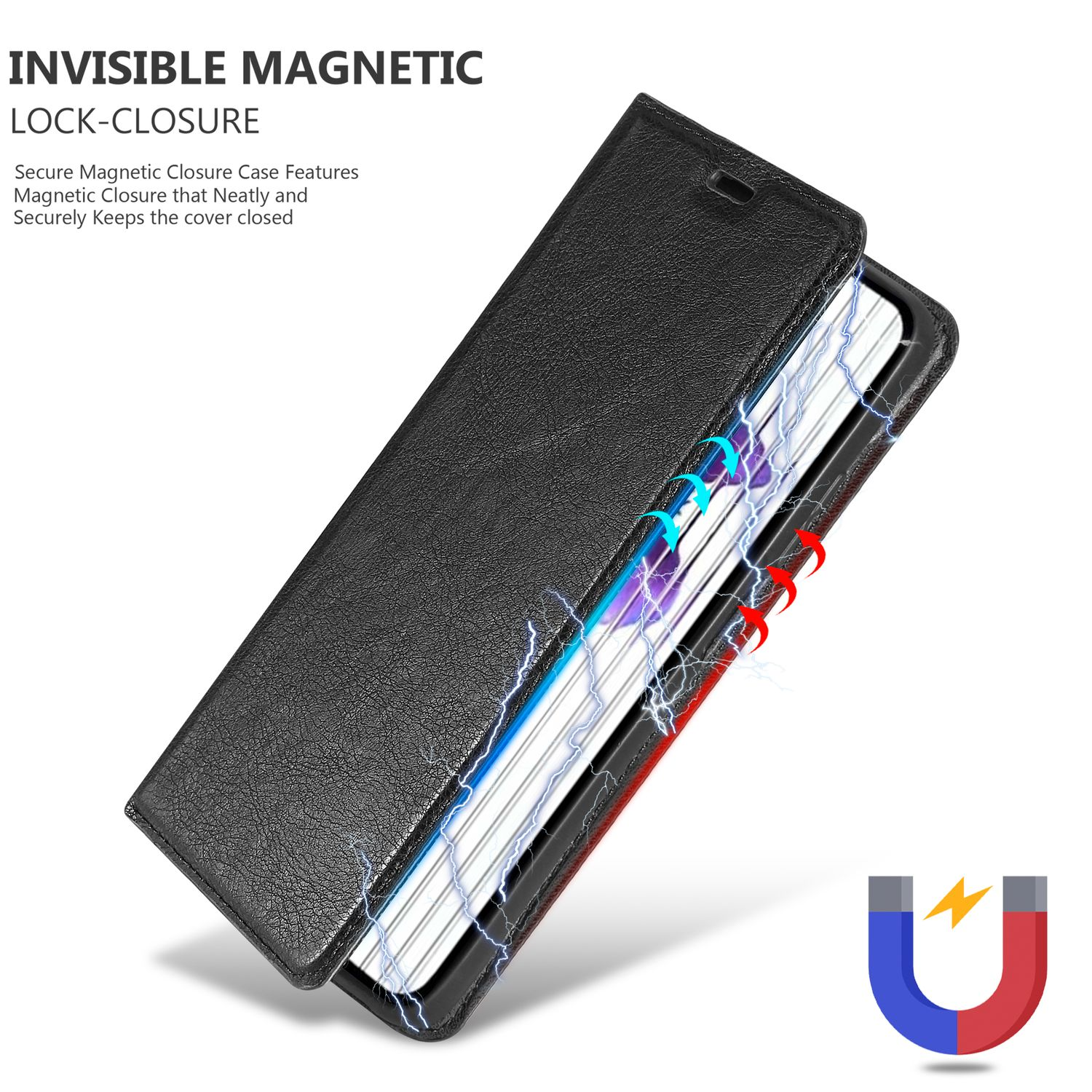 Custodia nera aperta, mostra telefono. Sono presenti frecce e icona magnete.