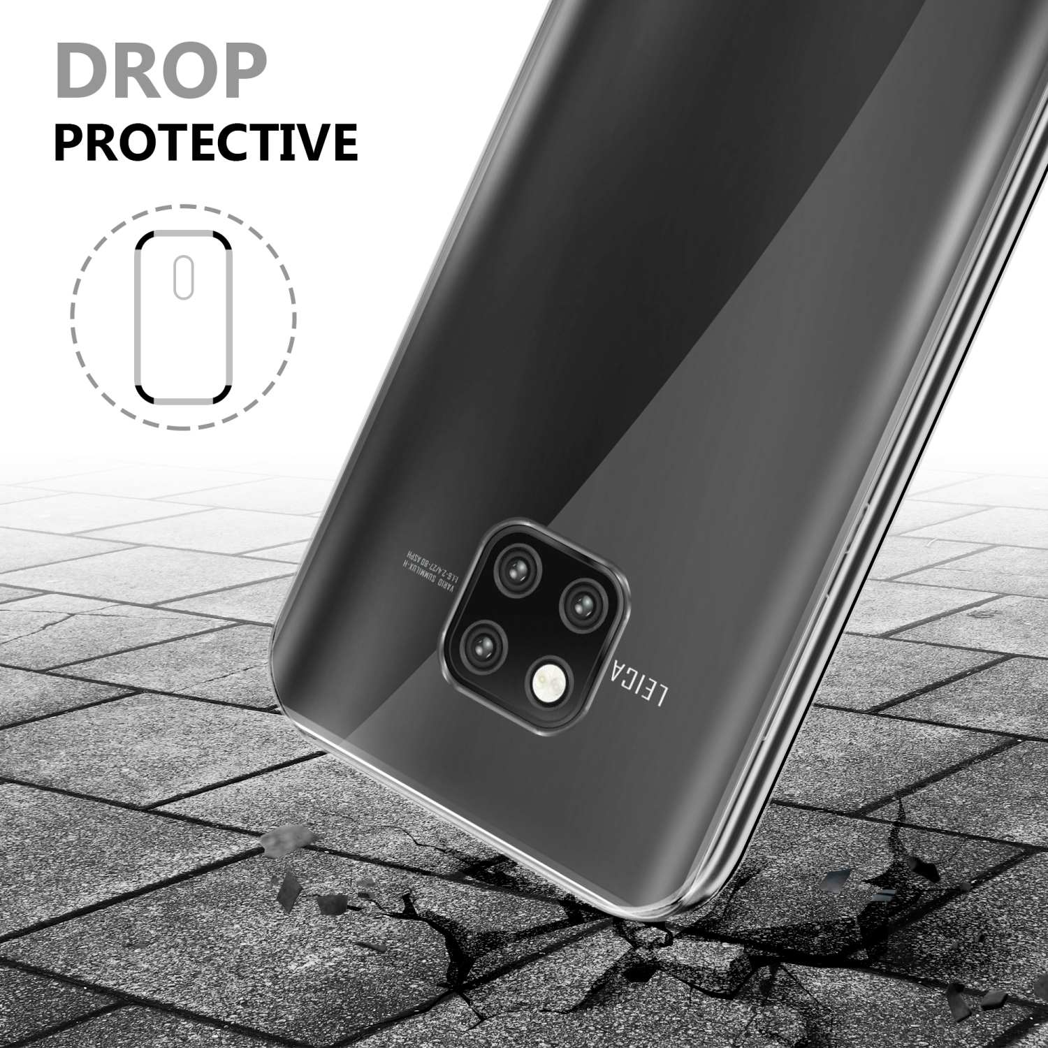 Viene mostrata una custodia per telefono, con vista sulla fotocamera di un telefono, con il testo 'Drop Protective', su un pavimento di pietra.