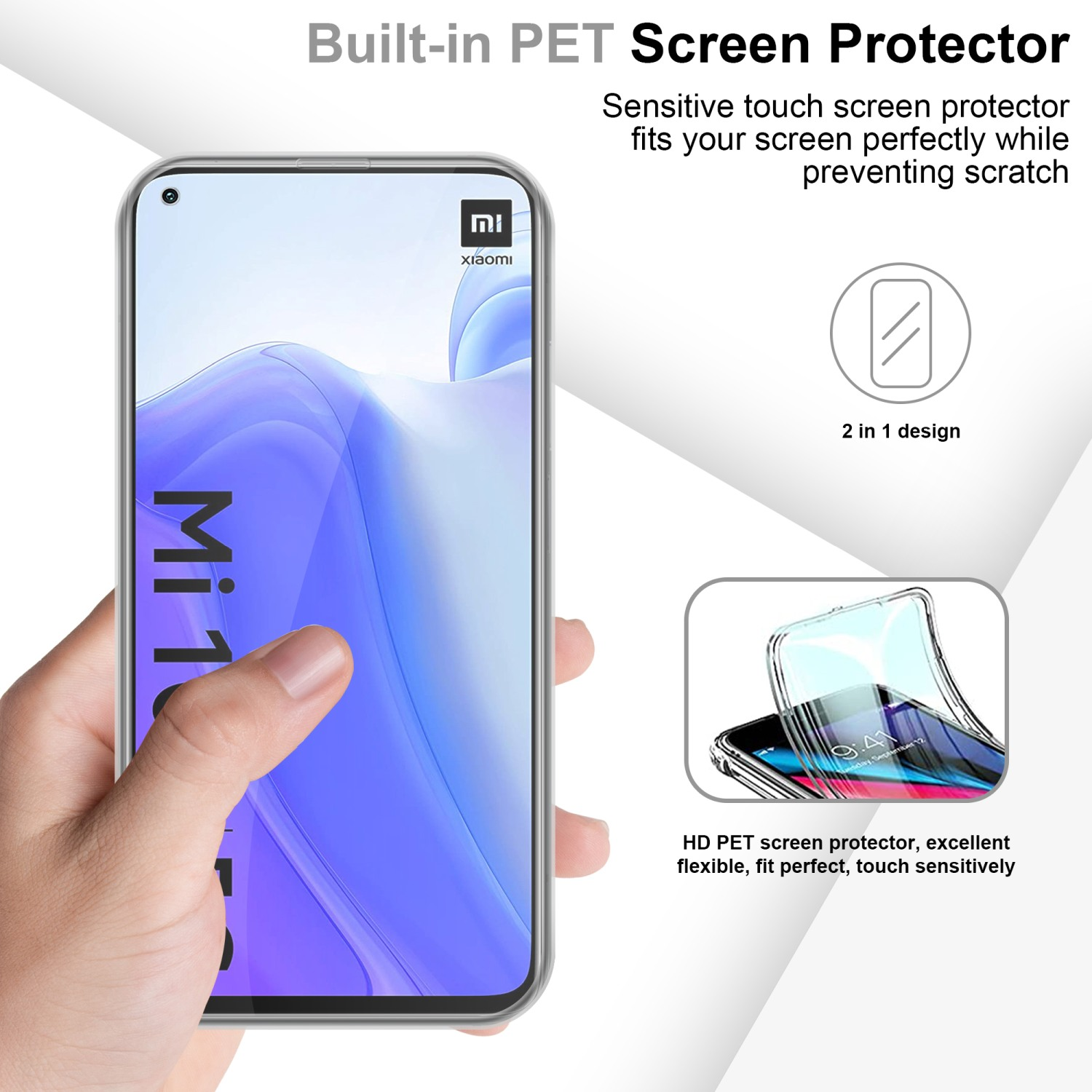 Mano che tiene un telefono con protezione schermo. Testo: Protezione schermo PET integrata.