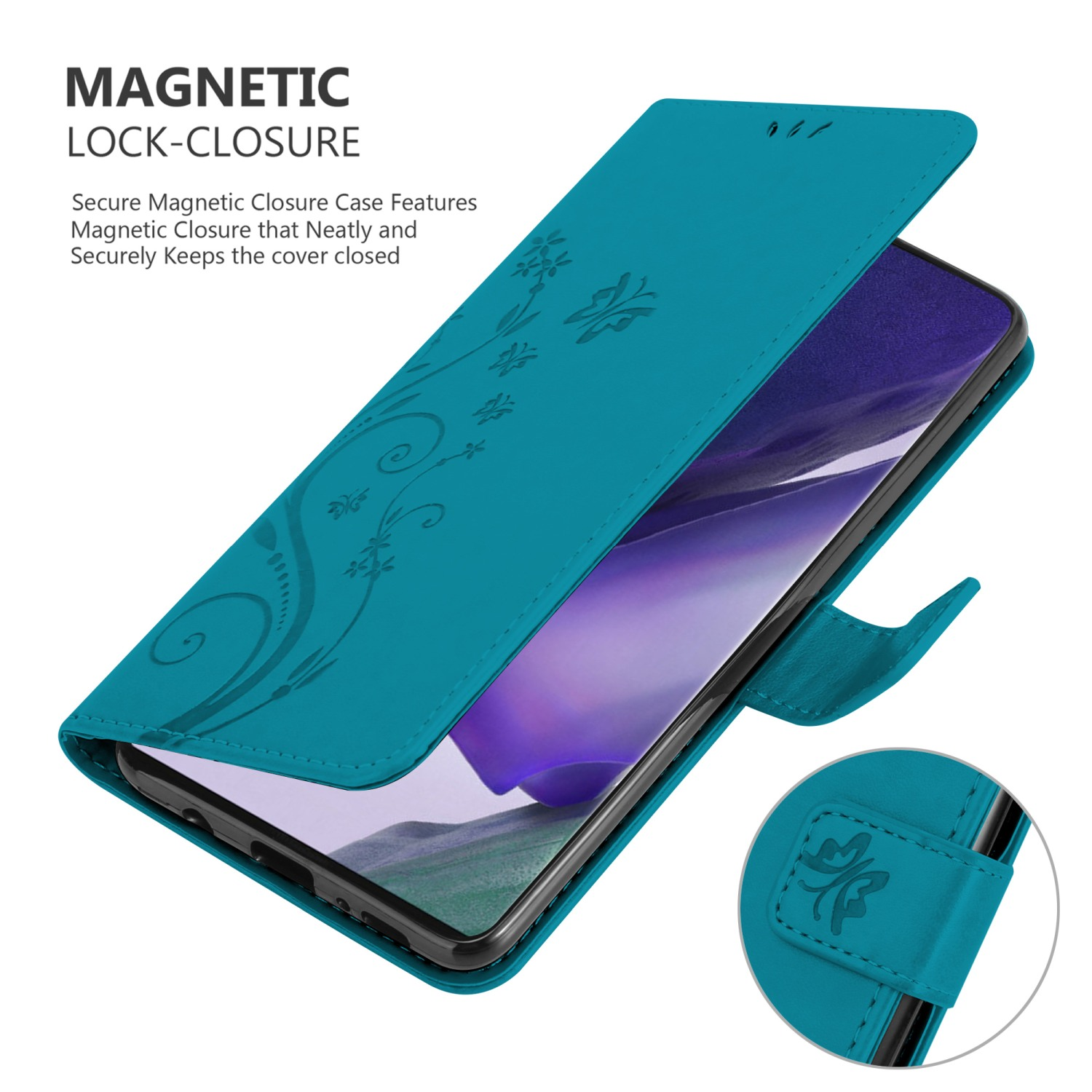Custodia teal per telefono, aperta, che rivela un telefono con design floreale. Chiusura magnetica visibile.