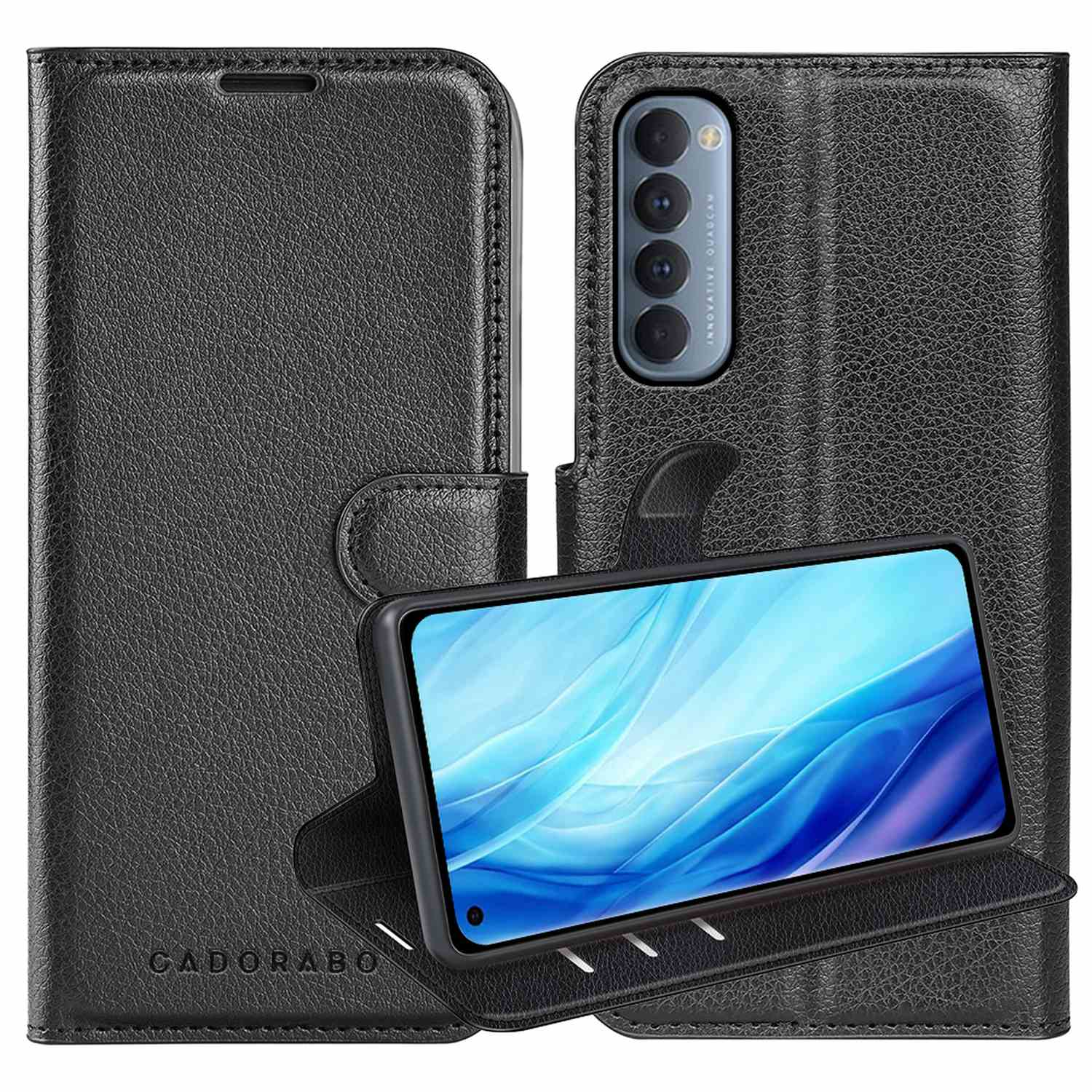 Custodia nera con un telefono dentro. Il telefono ha più fotocamere.