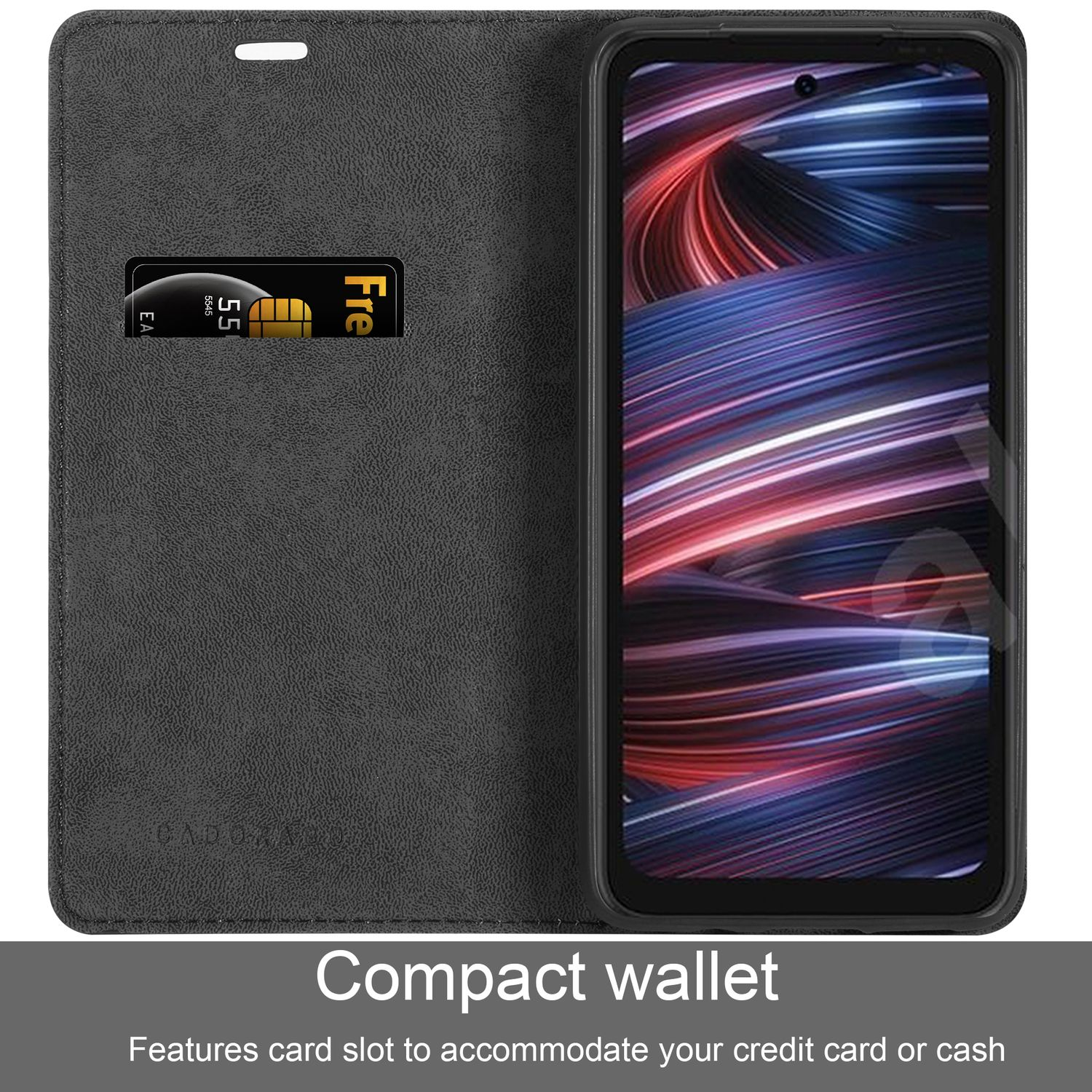 Custodia per telefono aperta con fessura per carte e telefono nero all'interno. Presenta un design compatto a portafoglio.
