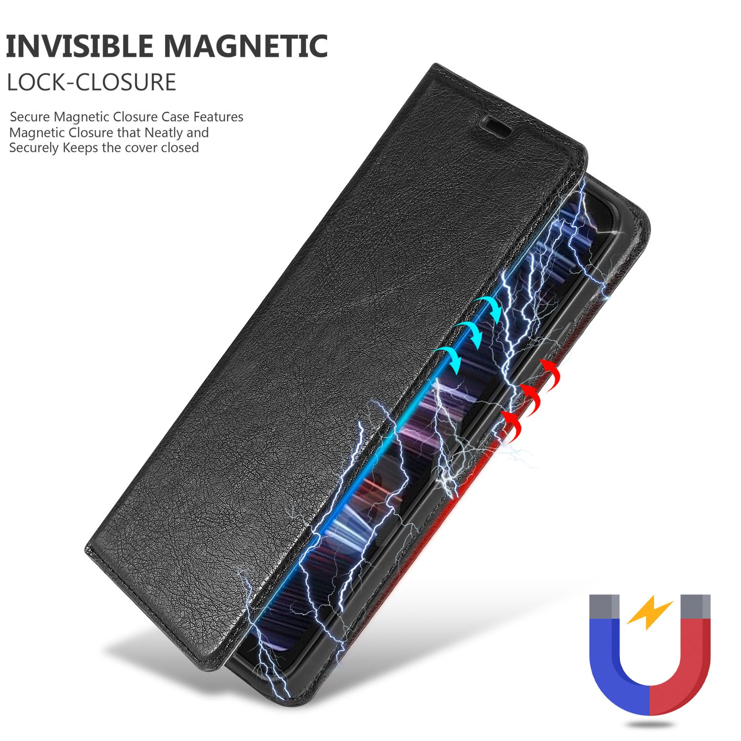 Custodia del telefono aperta, con fulmini e un simbolo 'U', che suggerisce la chiusura magnetica.