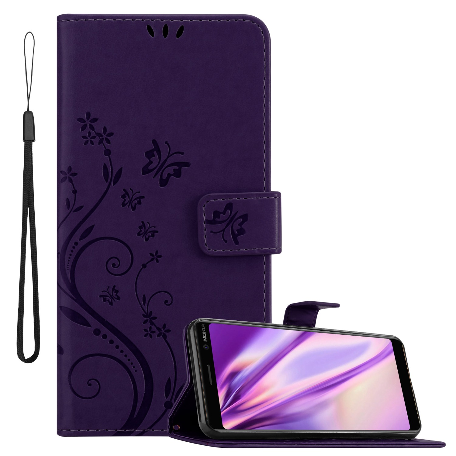 Custodia per telefono viola con telefono all'interno. Farfalle e design floreale. Cinturino da polso attaccato.