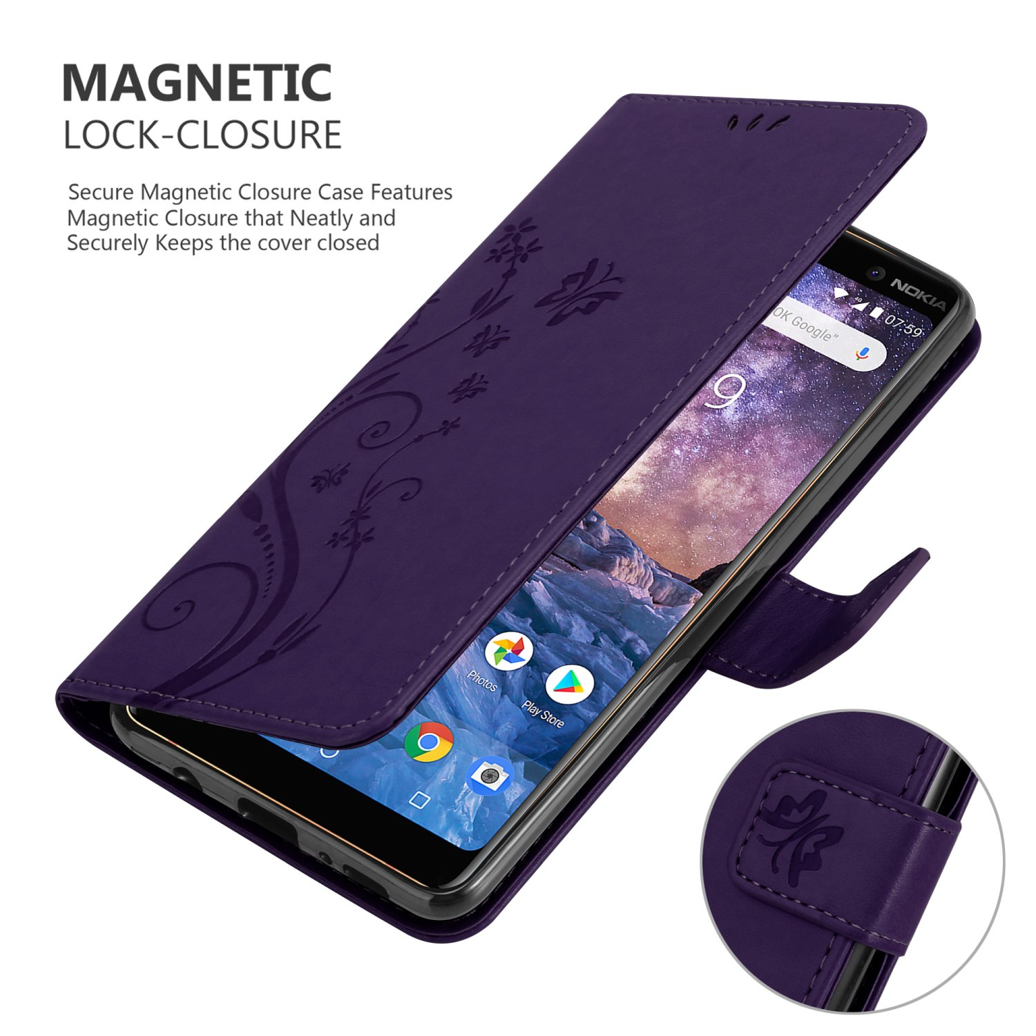 Custodia per telefono viola aperta, con telefono e design floreale.