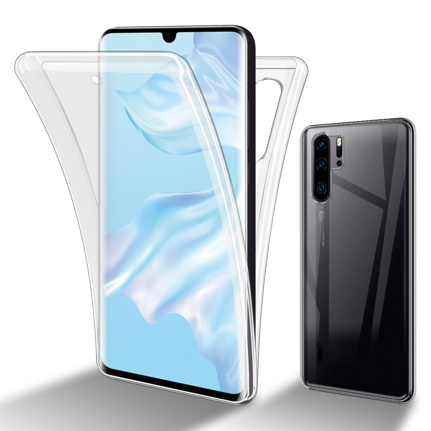 Eine transparente Handyhülle mit einem schwarzen Telefon, die Rückseite ist sichtbar.