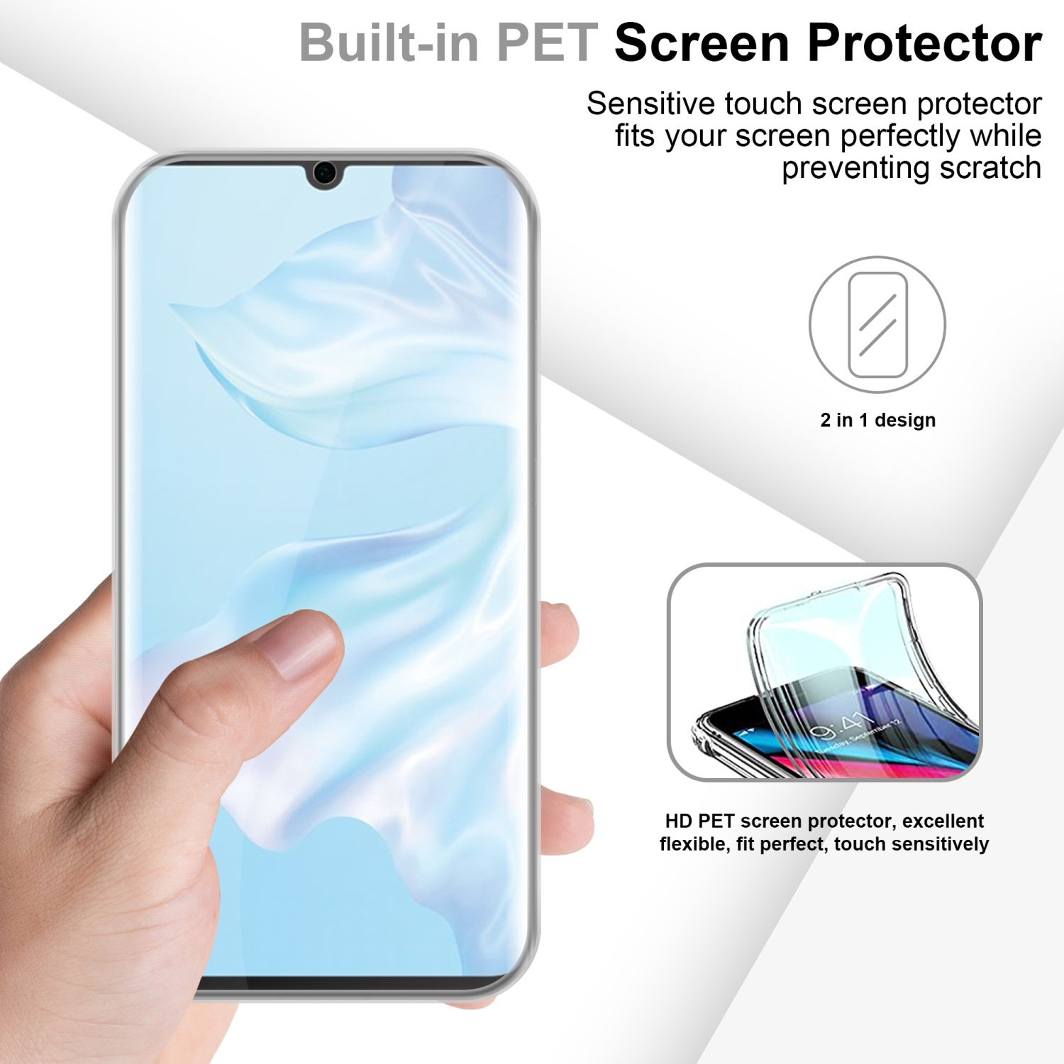 Eine Hand hält ein Telefon mit installiertem Displayschutz, Text: Built-in PET.