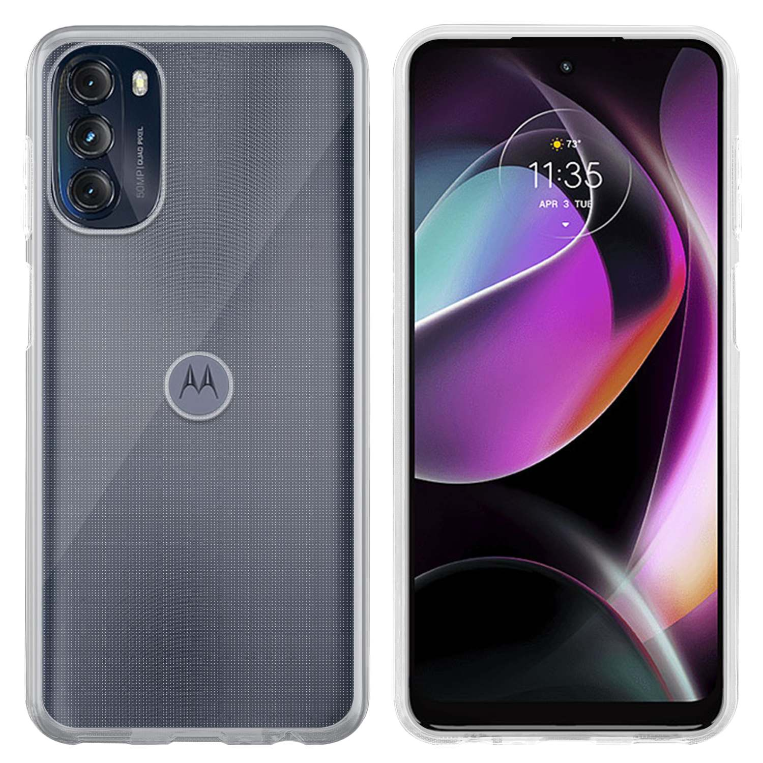 Custodia per telefono in plastica trasparente, vista anteriore e posteriore.