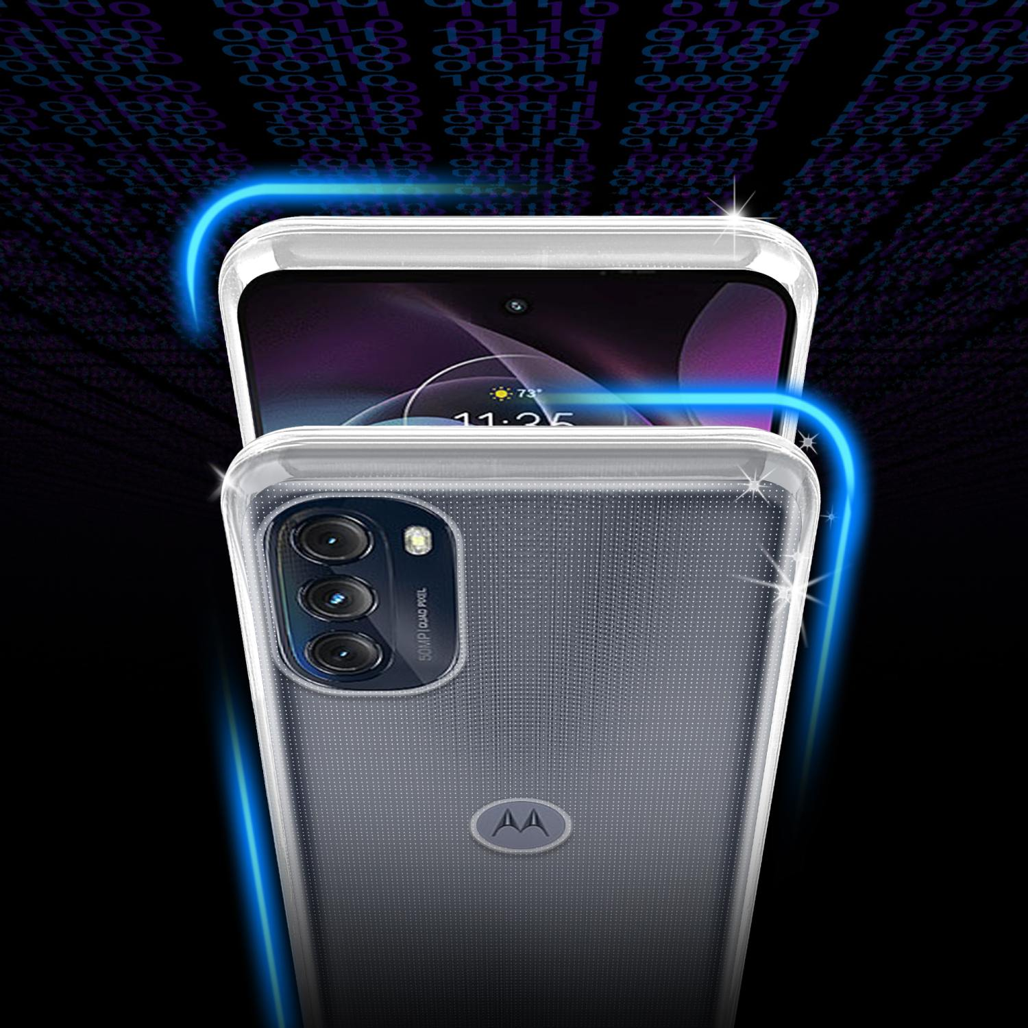Custodia trasparente su un telefono che mostra le fotocamere posteriori e lo schermo.