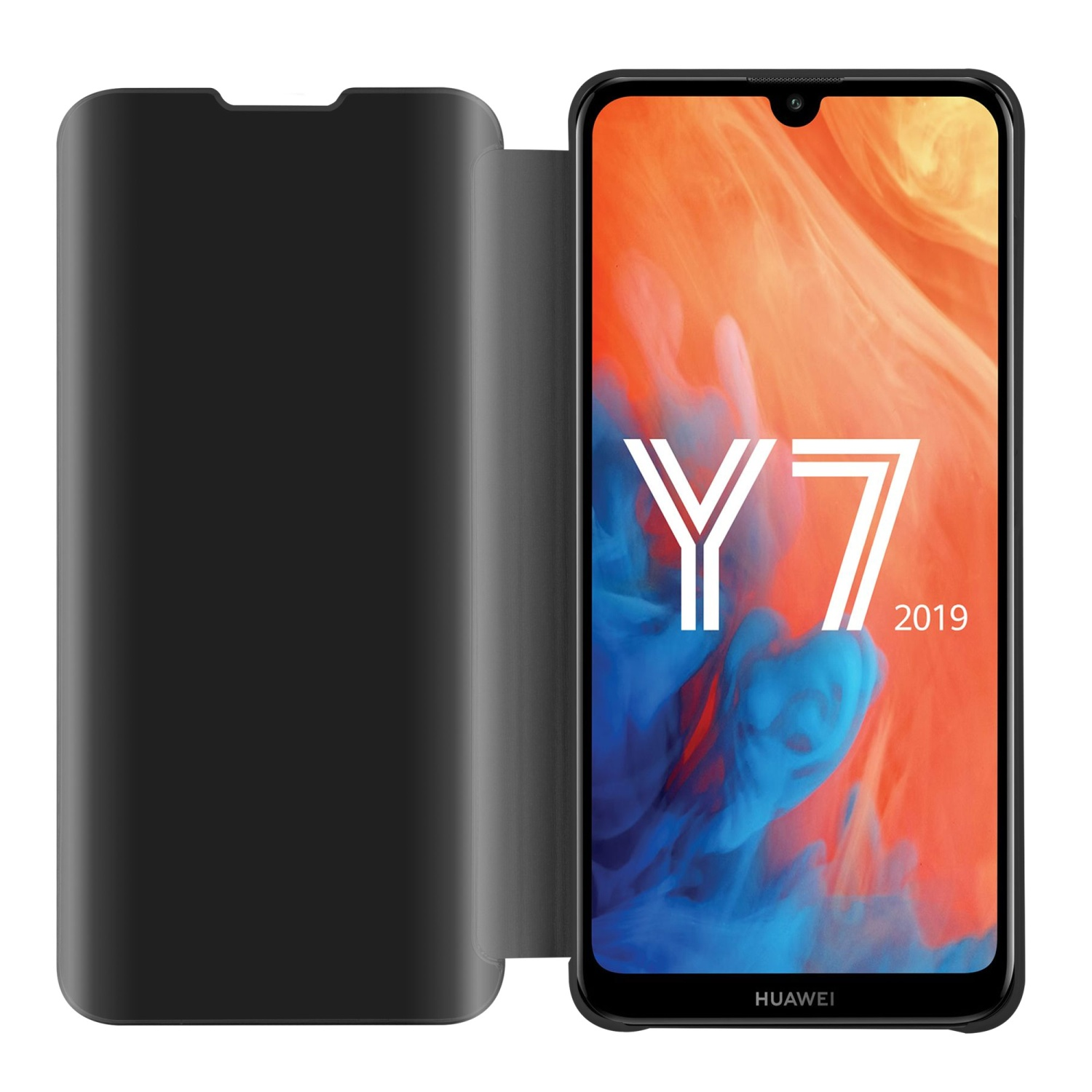 Eine schwarze Handyhülle offen, mit einem Telefon, das einen blau-orangen Hintergrund und den Text Y7 2019 zeigt.