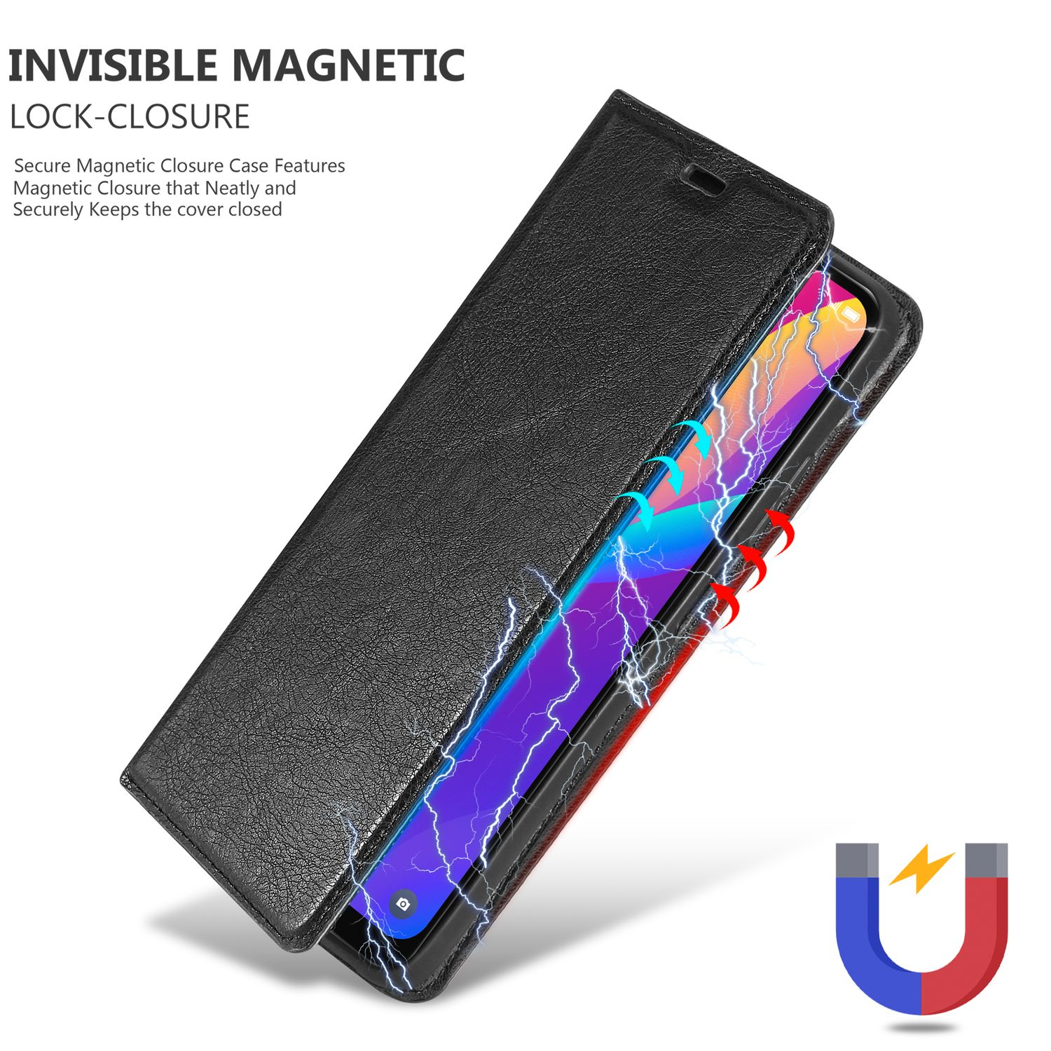 Custodia nera per telefono con chiusura magnetica. Fulmini emanano dalla custodia.