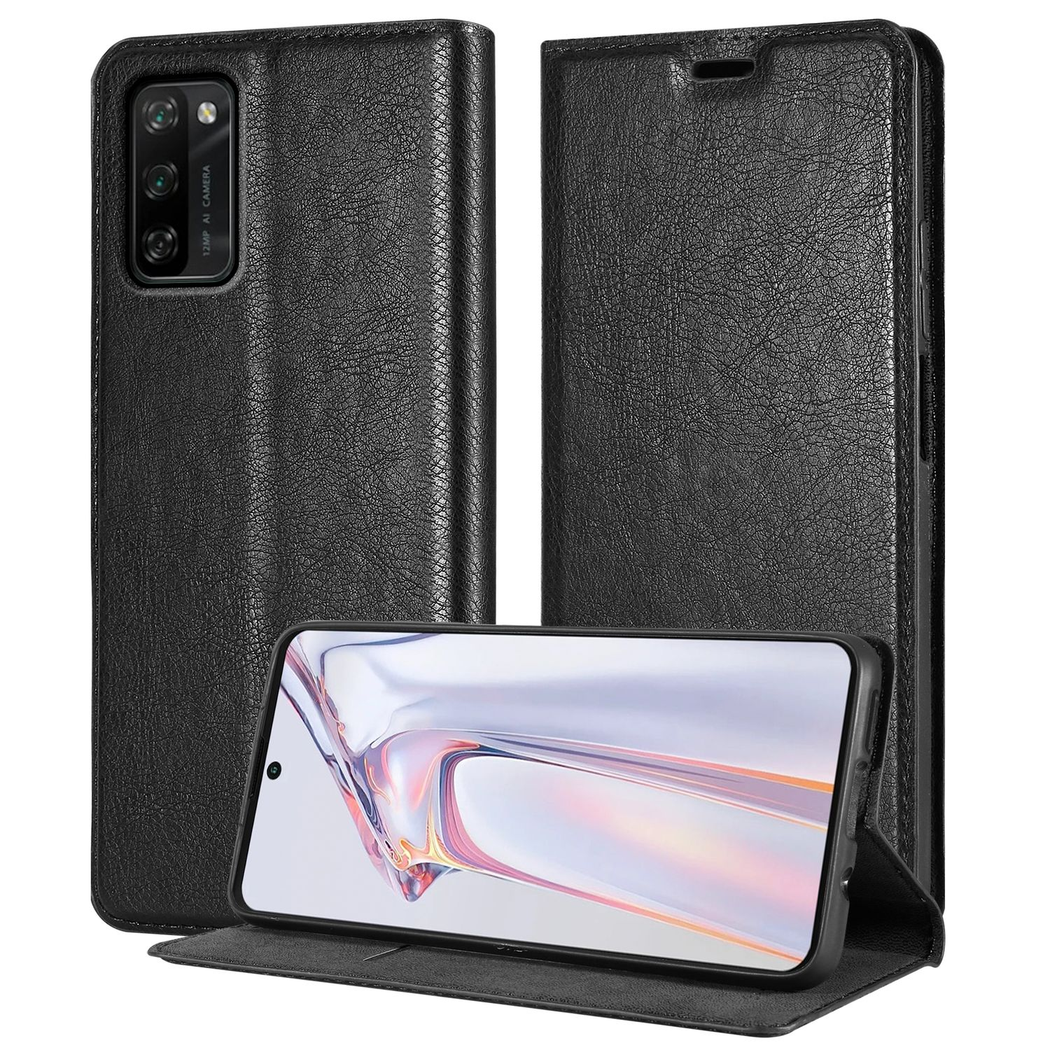 Schwarze Handyhülle offen, zeigt ein Telefon. Das Telefon ist aufgestellt.