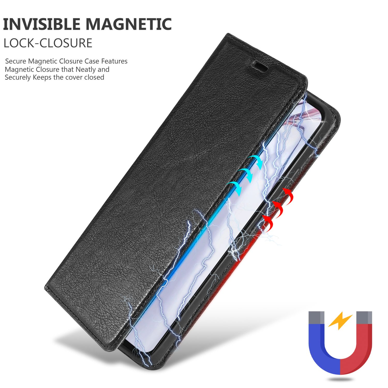 Schwarze Handyhülle mit Magnetverschluss. Im Inneren befindet sich ein Telefon mit Blitzdesign.