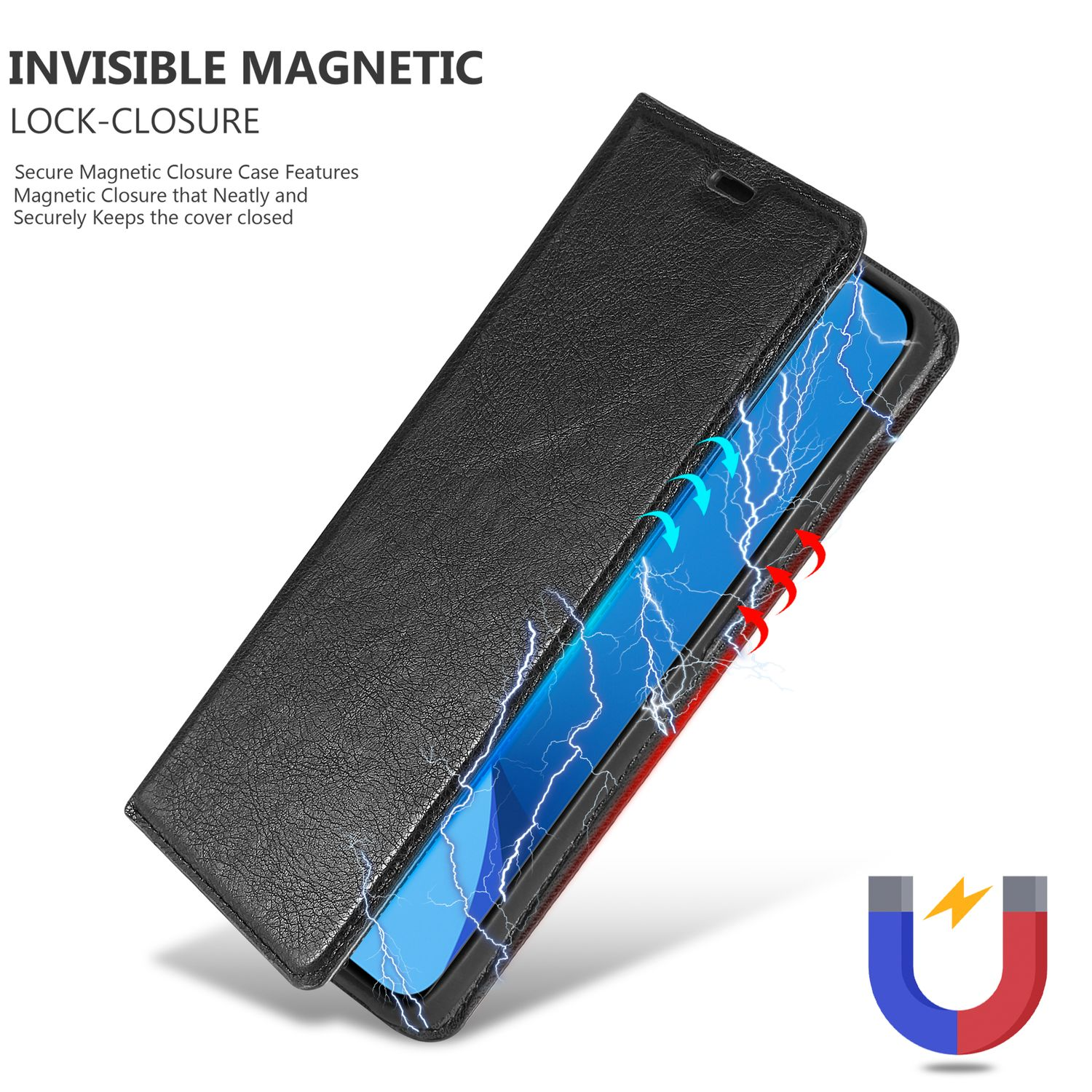 Schwarze Handyhülle geöffnet, blauer Telefonbildschirm mit Blitz und Magnet. Text sagt 'Unsichtbarer magnetischer Verschluss'.