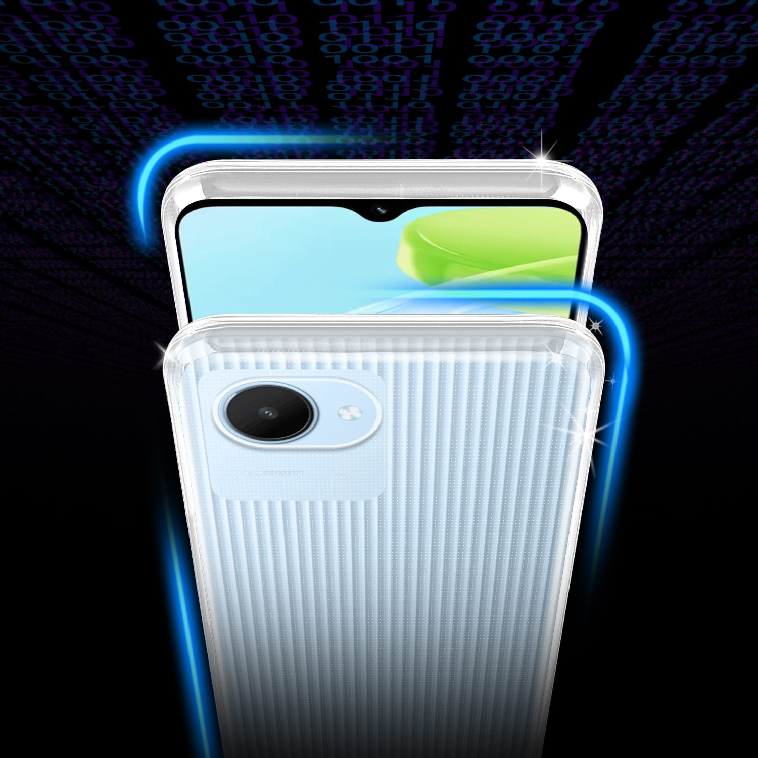 Una custodia per telefono su sfondo nero. Il telefono è bianco con fotocamera, la custodia è trasparente.