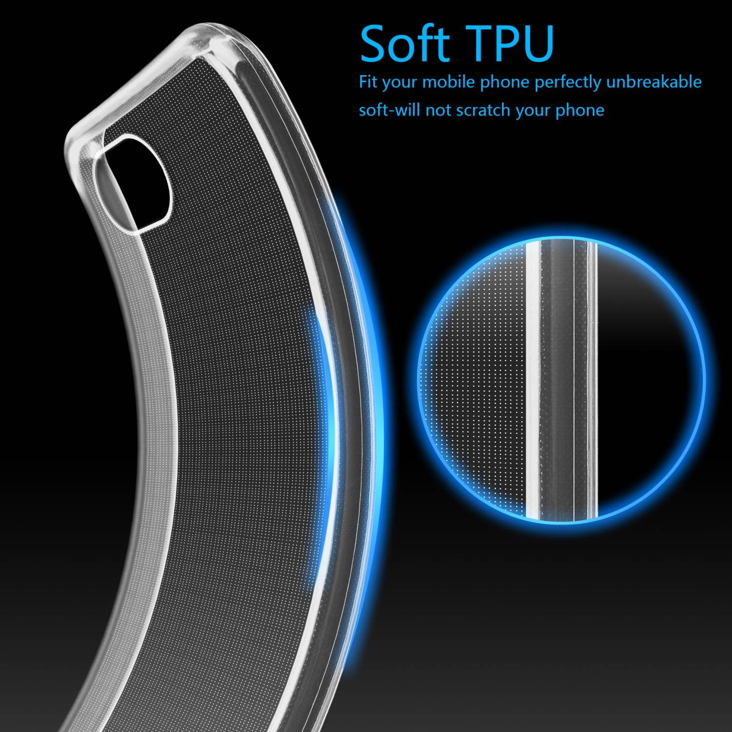 Custodia trasparente per telefono. Luce blu attorno alla custodia, che mostra la trama e il bordo del telefono.