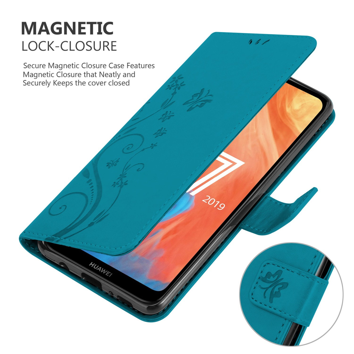 Türkisfarbene Handyhülle mit Blumendesign, geöffnet, Telefon zeigend und Magnetverschluss.