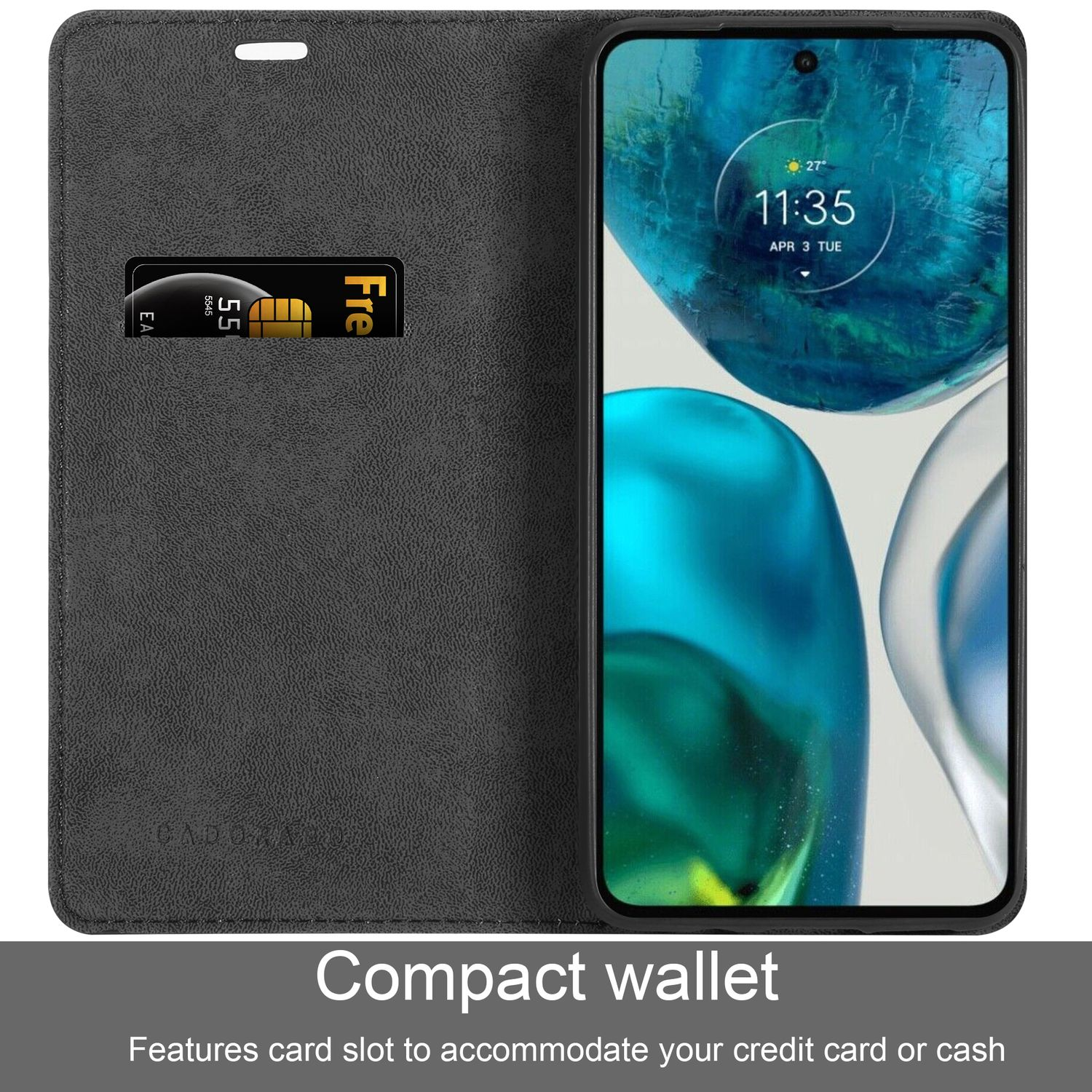 Custodia a portafoglio nera con carta di credito. Telefono con orologio.