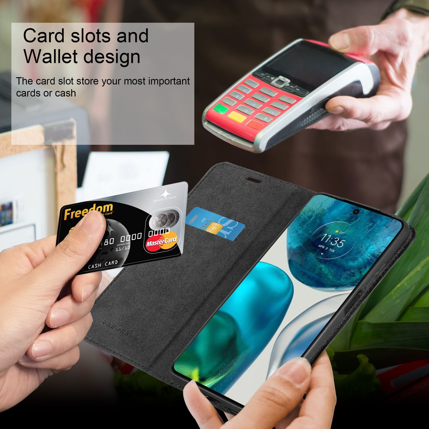 Custodia per telefono con telefono, carte di credito e contanti. Una mano tiene una carta. Testo: Design portafoglio.