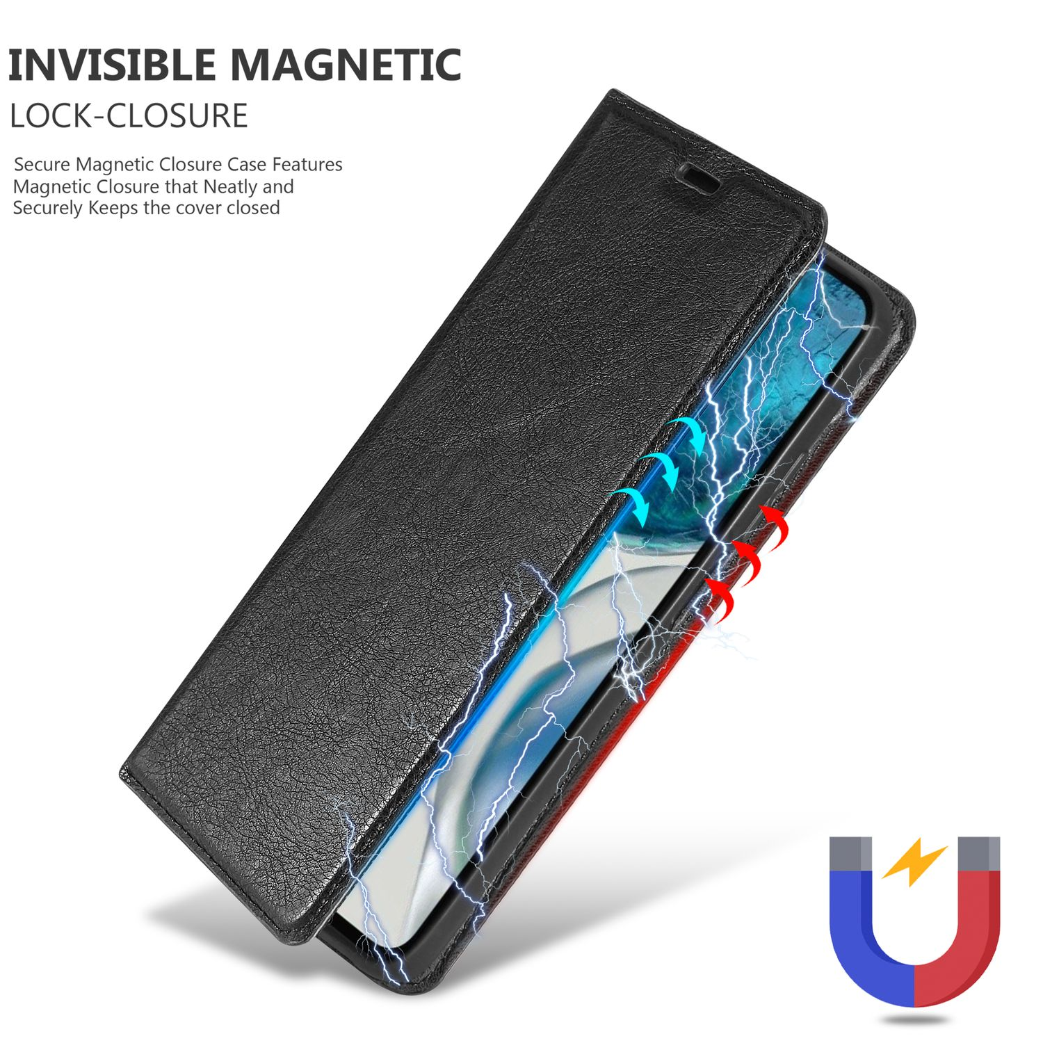 Custodia nera per telefono con chiusura magnetica. Copertura aperta rivela schermo.