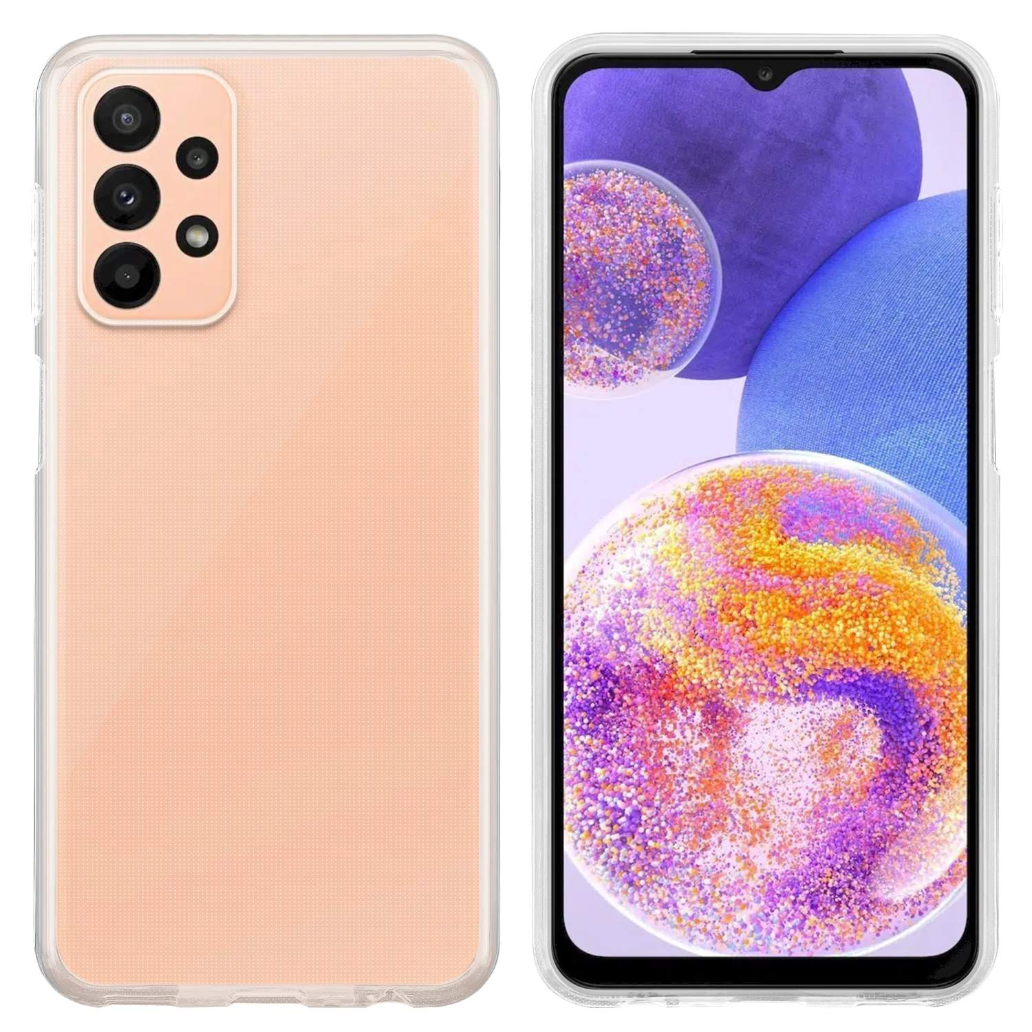 Un telefono e la sua custodia sono presentati affiancati su uno sfondo semplice.