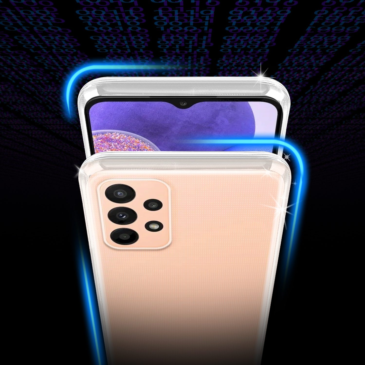 Custodia per telefono con telefono all'interno, con sfondo di codice binario ed effetti di luce blu.