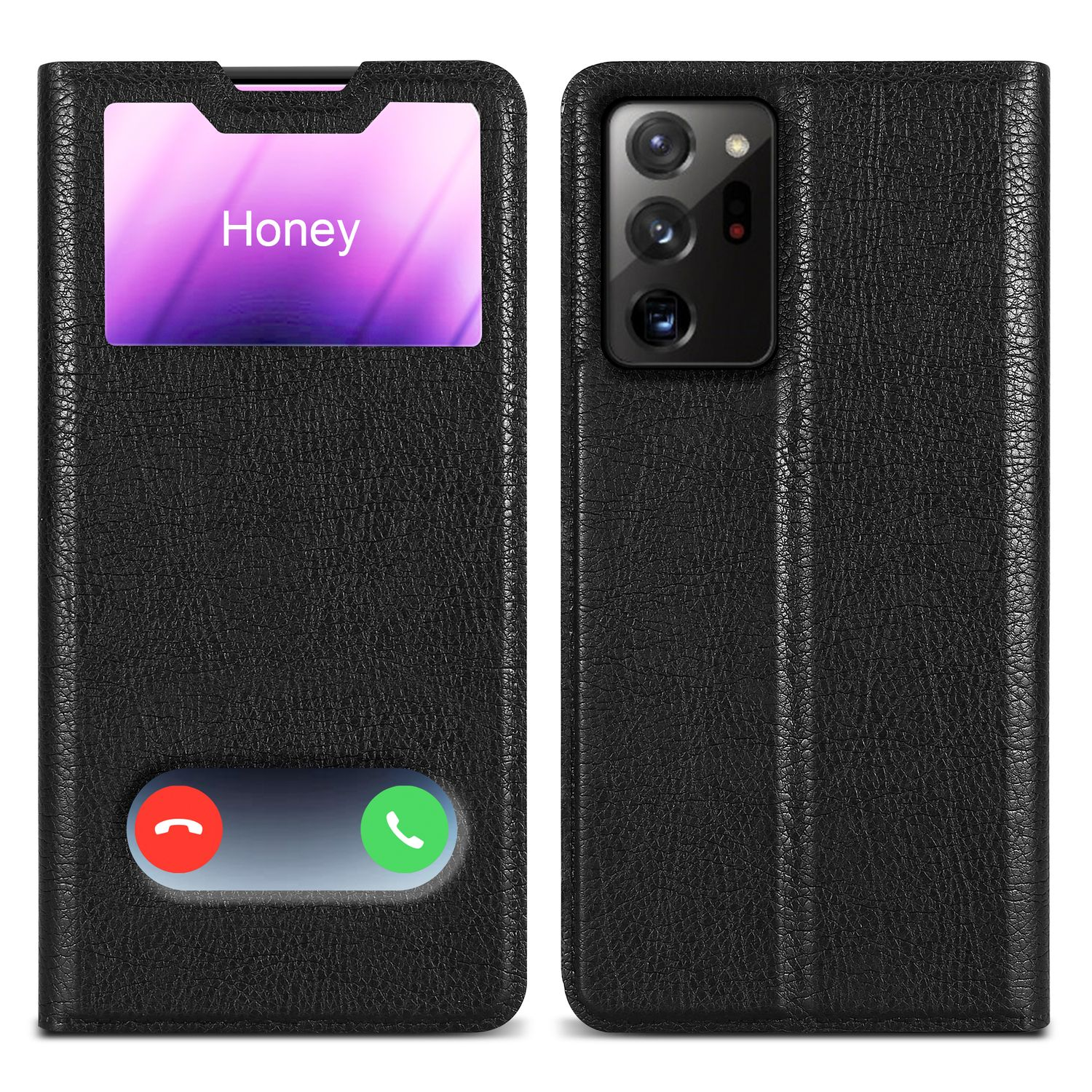 Custodia nera con finestra che mostra "Honey". Sfondo bianco.