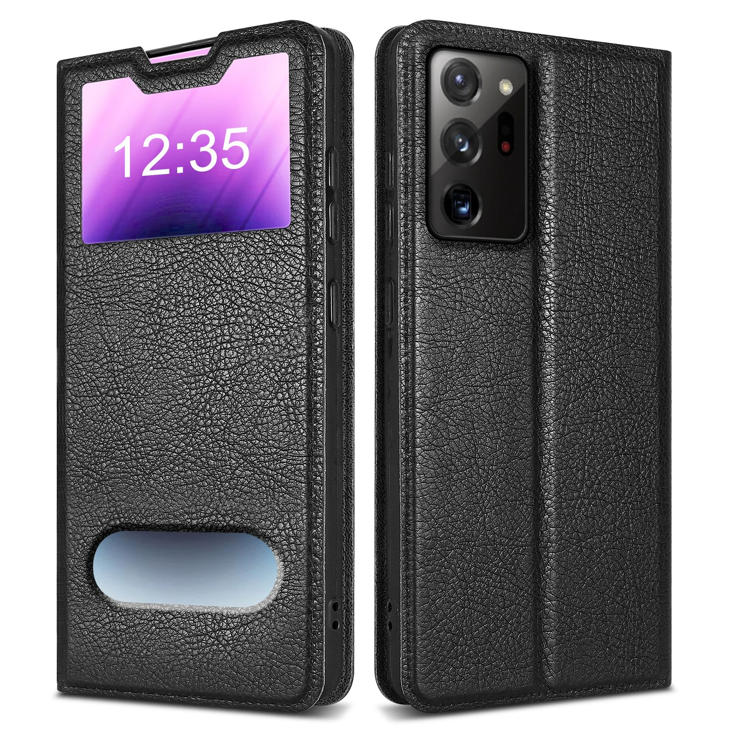 Custodia nera per telefono con display dell'ora. Ha una finestra e una superficie strutturata.