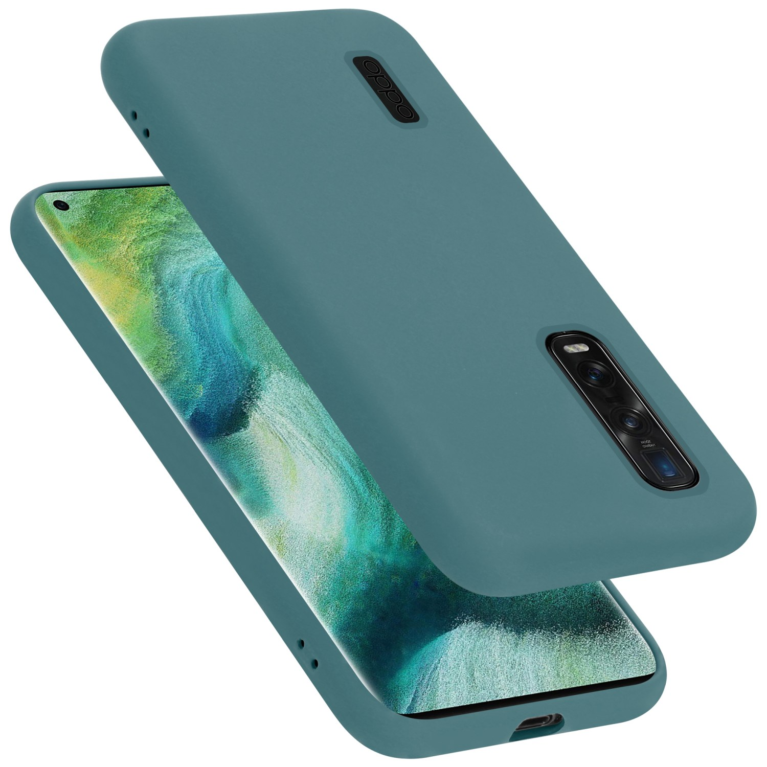 Türkisfarbene Handyhülle, zweiteilig, zeigt ein Telefon. Türkisfarbene Hülle, Telefon drin.
