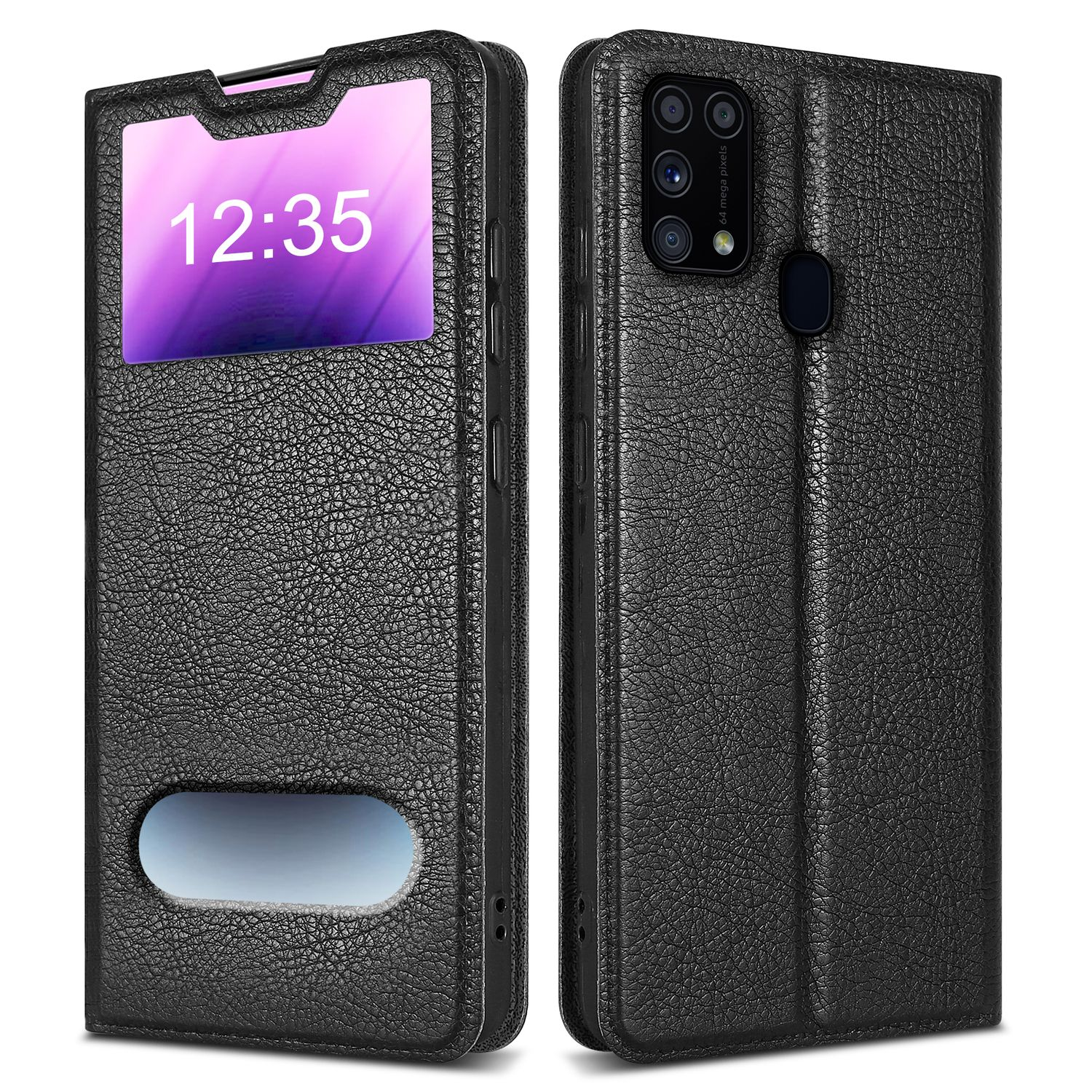 Custodia nera per telefono con finestra che mostra l'ora. Il lato destro mostra fotocamera e pulsanti.