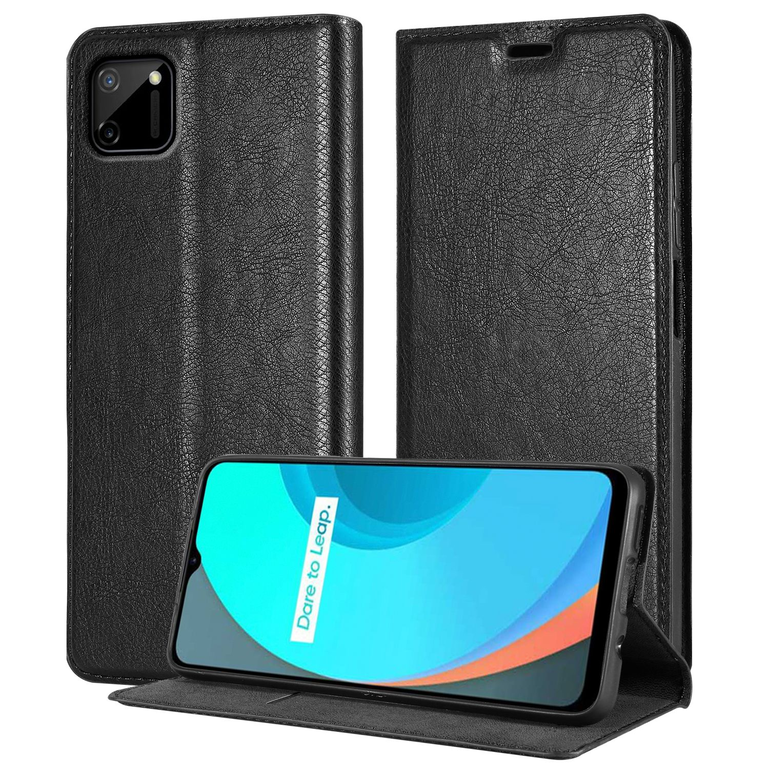 Custodia per telefono in pelle nera, aperta, con telefono all'interno. Lo schermo mostra uno sfondo colorato.