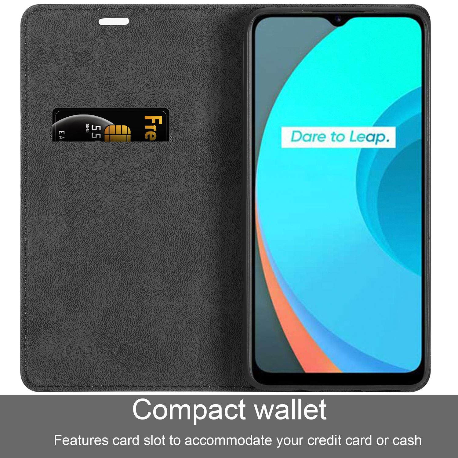Una custodia per telefono nera chiusa con fessura per carta di credito tiene un telefono. Il telefono mostra uno schermo blu.
