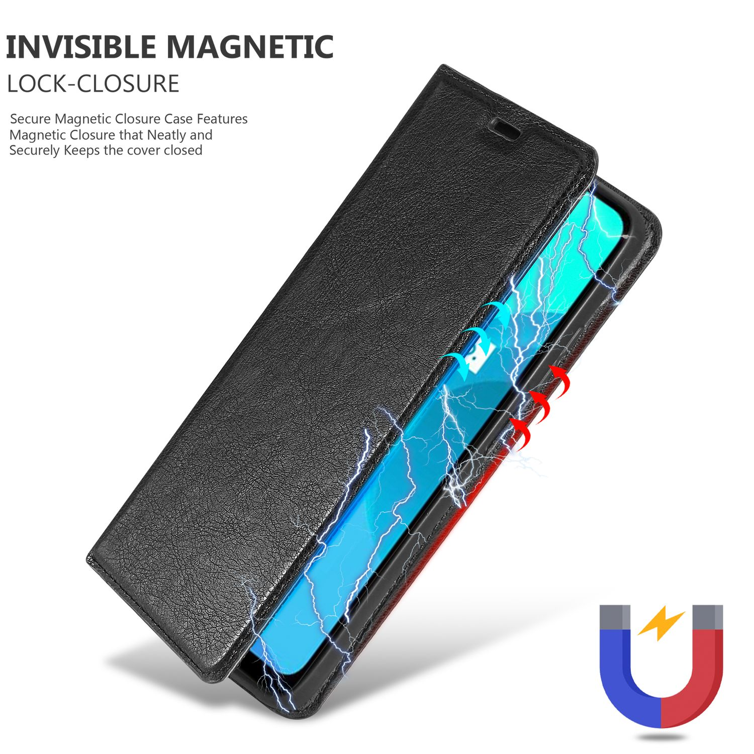 Custodia nera per telefono aperta, che mostra un telefono. Chiusura magnetica evidenziata da una freccia.