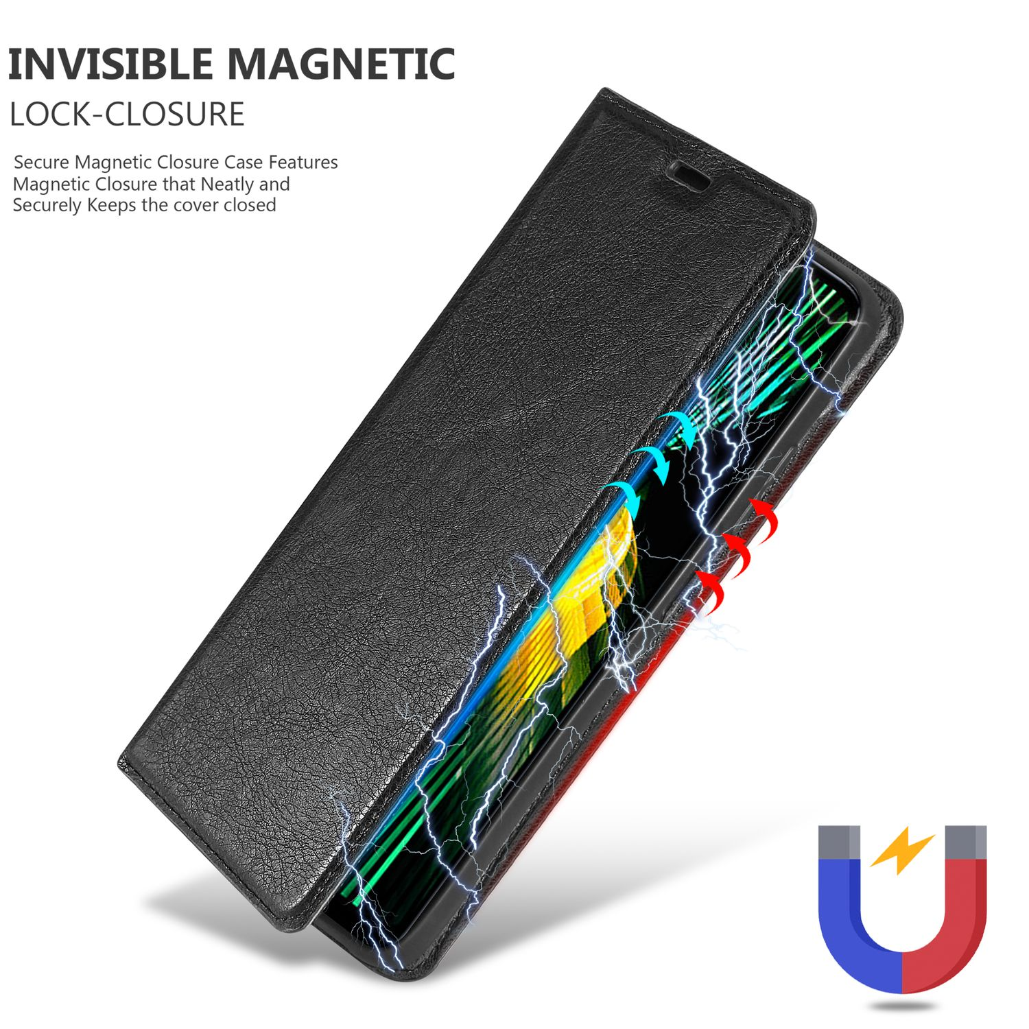 Custodia per telefono nera aperta, con telefono e dettagli di chiusura magnetica, con effetti fulmine.