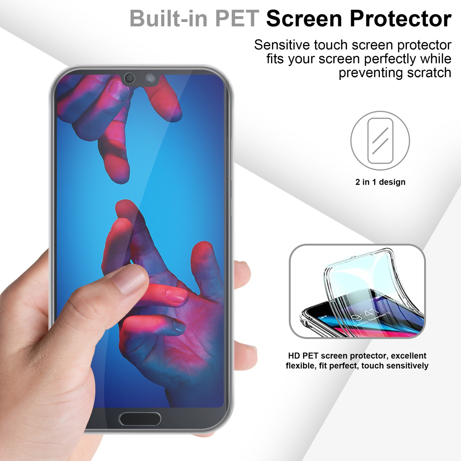 Mano tiene telefono con protezione schermo. Immagine più piccola mostra custodia e protezione.