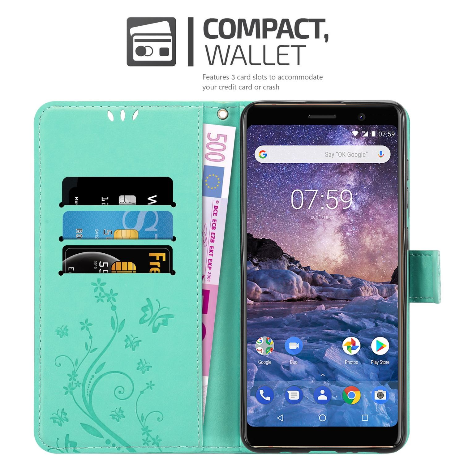 Una custodia per telefono con telefono e carte all'interno, con un design floreale verde, denaro e un telefono.
