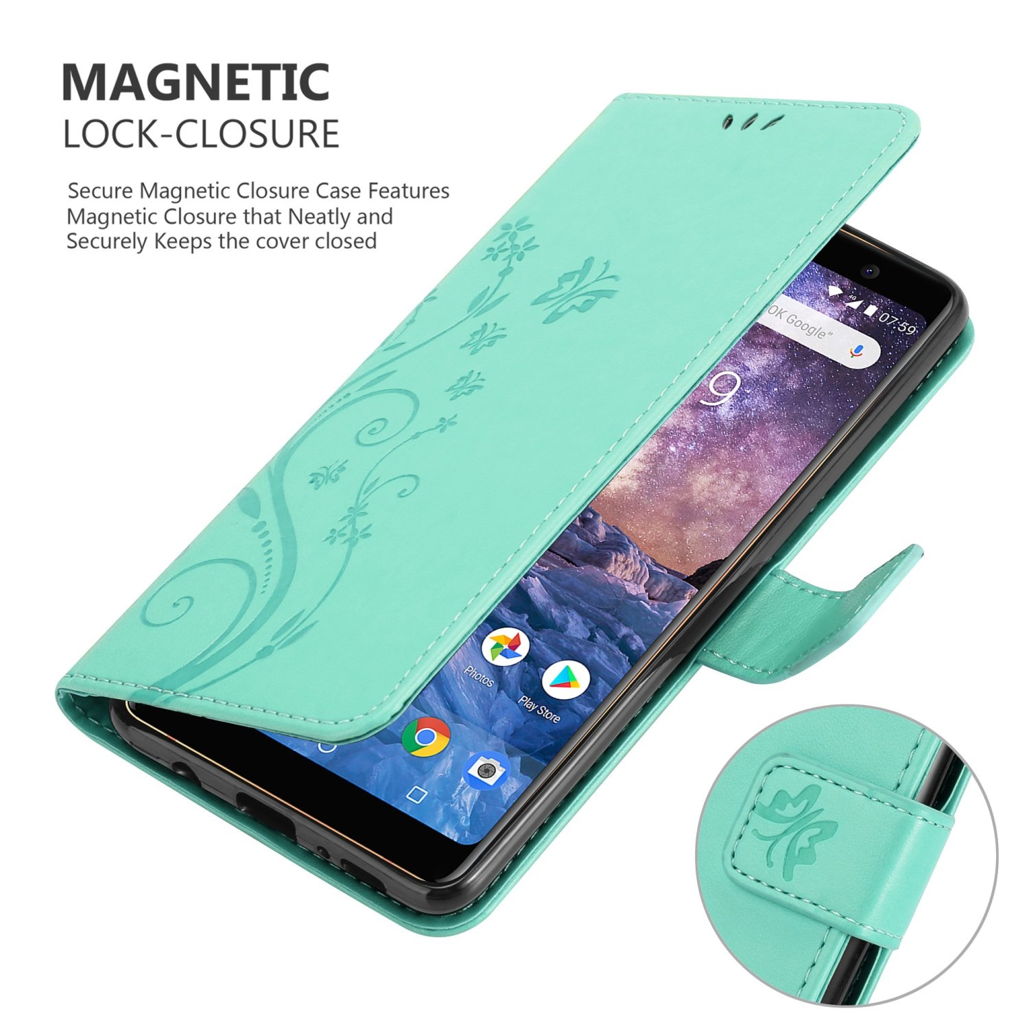 Un telefono con custodia verde, aperto con un design floreale, che mostra lo schermo.