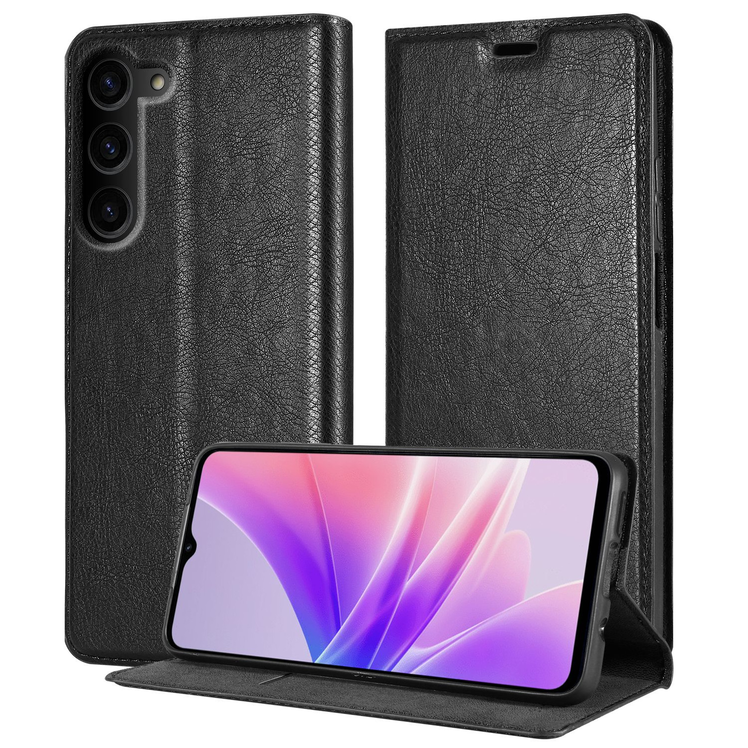 Custodia nera con telefono. Lo schermo del telefono mostra un'immagine luminosa.