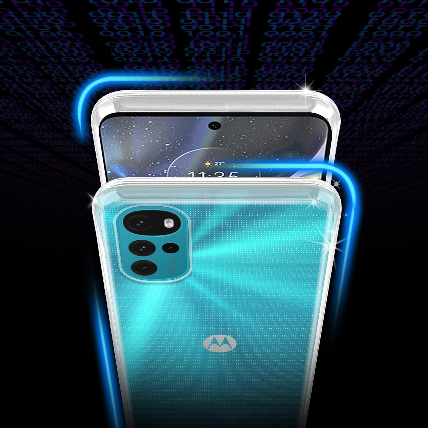 Una custodia per telefono verde acqua, con un telefono all'interno e una luce blu intorno.
