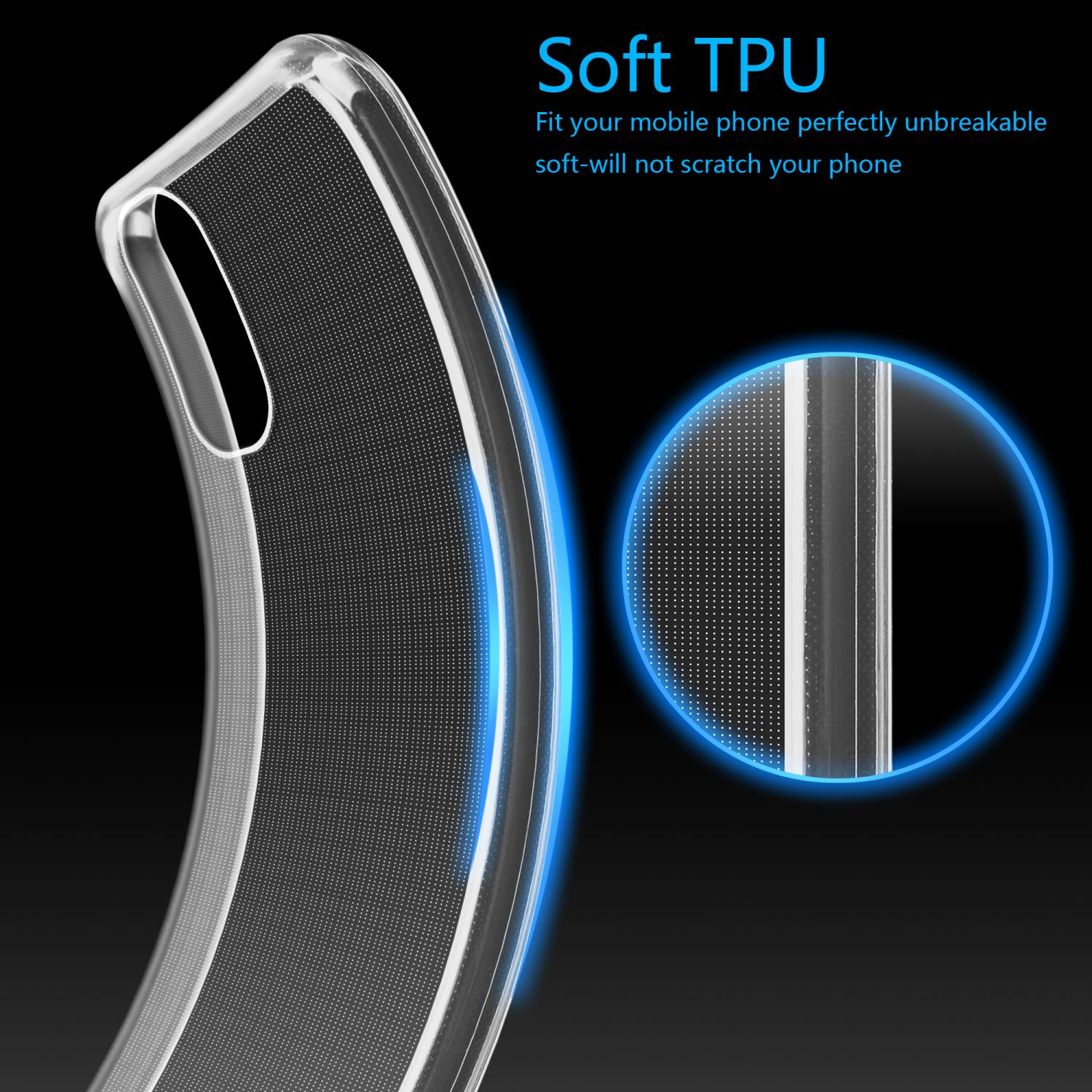 Primo piano di una custodia trasparente per telefono con il testo 'Soft TPU'. Dice: 'Adatta perfettamente il tuo cellulare'.