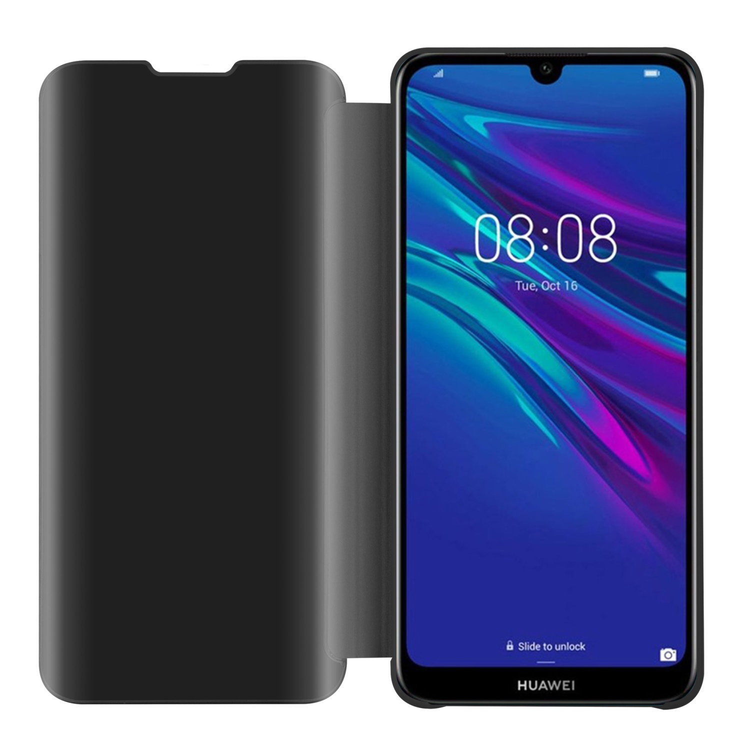 Schwarze Handyhülle geöffnet, zeigt ein Telefon mit blauem Bildschirm. Die Zeit ist 08:08.