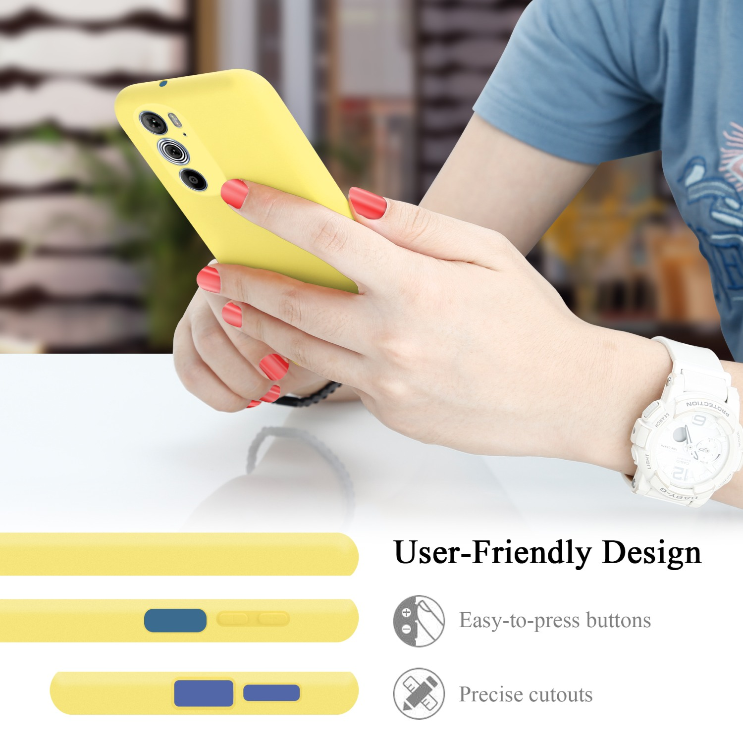 Hände einer Person, die ein gelbes Telefon halten, mit benutzerfreundlichen Designsymbolen und -funktionen unten.