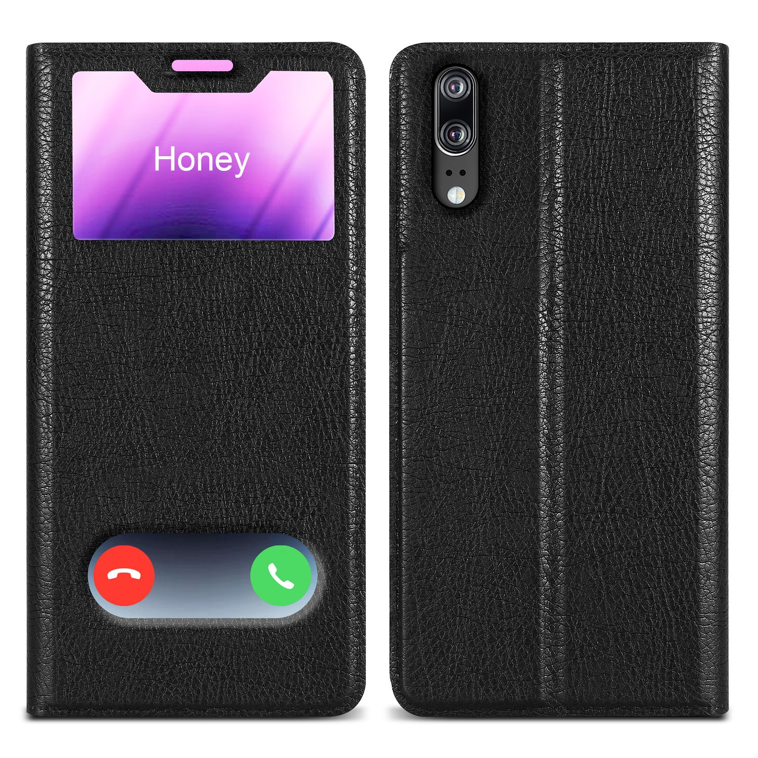 Custodia nera con finestra che mostra "Honey". Sfondo bianco.