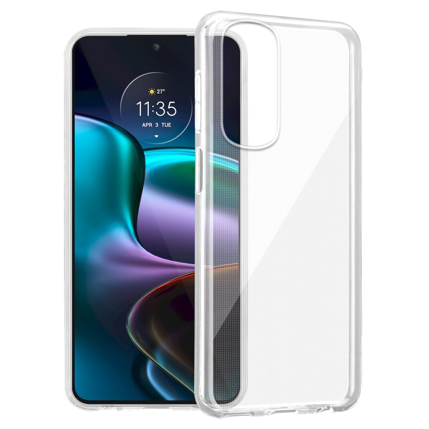 Custodia trasparente per telefono con telefono dentro, sfondo bianco.