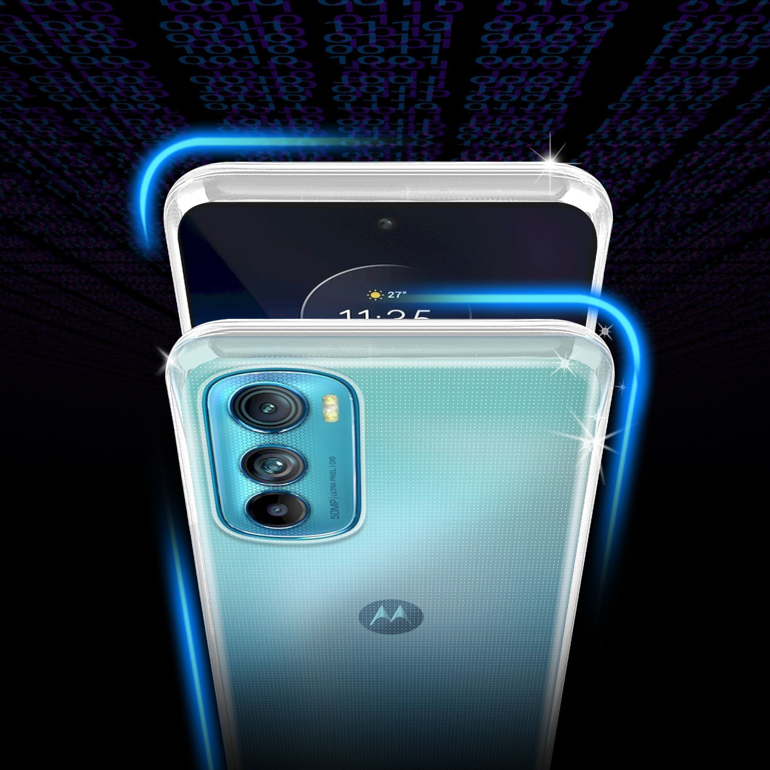 Un telefono in una custodia trasparente con bordo blu. Lo schermo mostra data e ora. Uno sfondo con codice binario.